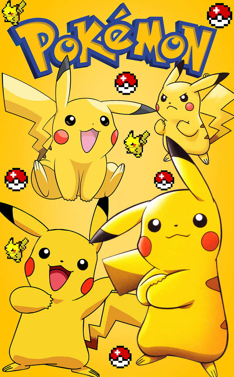 Pokemon Posters 桌布 壁紙 — 多個不同姿勢的開心比卡超角色在明亮的黃色背景上漂浮，並有精靈球圖標和寶可夢標誌。