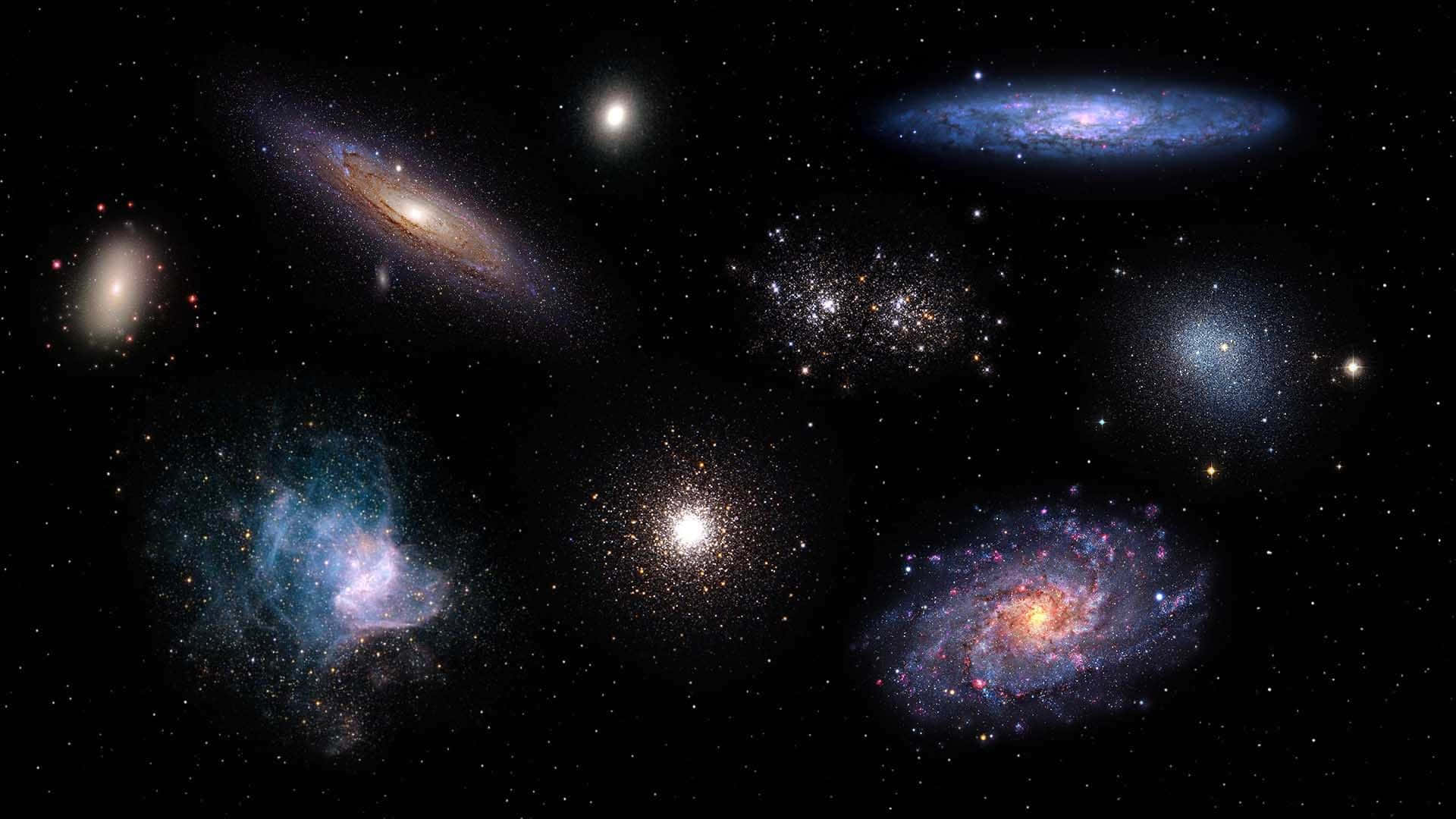 充滿活力的螺旋星系和發光的星雲漂浮在佈滿星辰的宇宙虛空中。