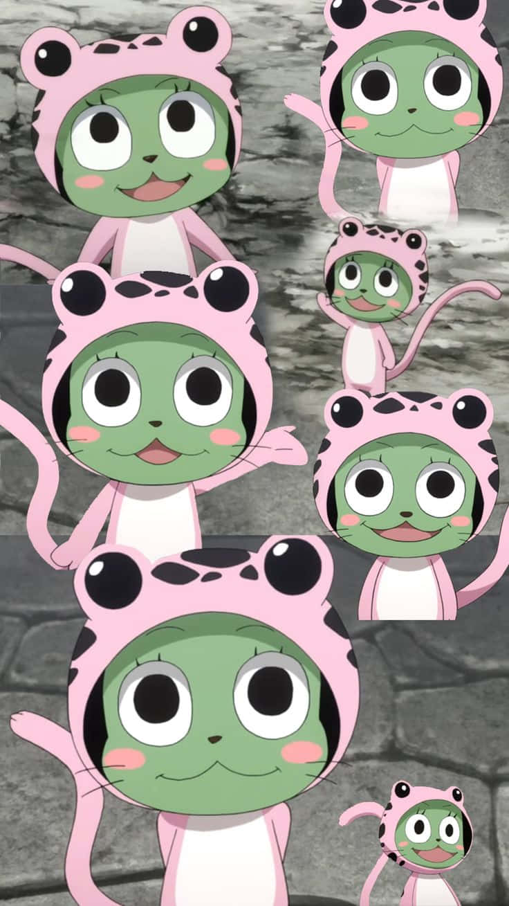 Frosch 桌布 壁紙 — 多個快樂的綠色青蛙角色穿著粉紅色老虎服裝，在灰色石牆背景前頑皮地擺姿勢。