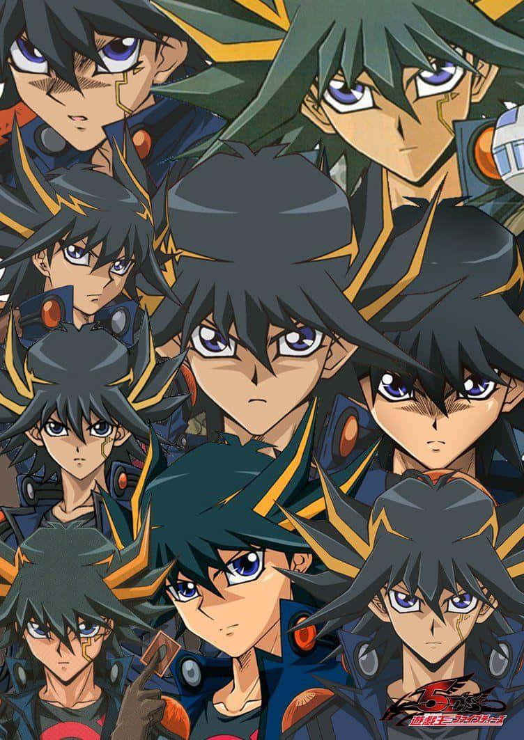 Yusei Fudo 桌布 壁紙 — 多個擁有深色頭髮和藍色眼睛的動漫角色在動態拼貼中強烈凝視。