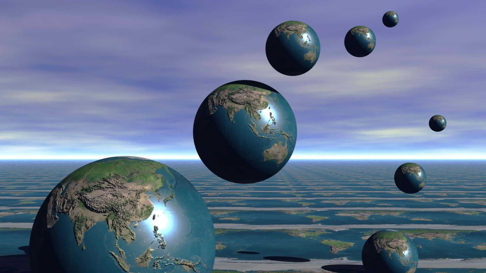 3d Earth 桌布 壁紙 — 多個浮動地球儀在柔和的紫色天空下，懸浮在廣闊的海洋之上。