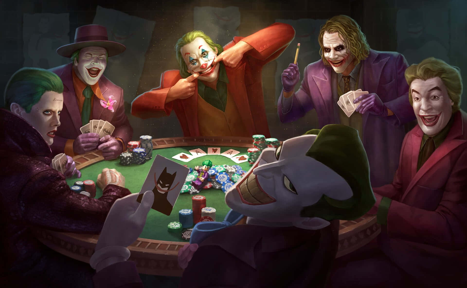Joker Comic 桌布 壁紙 — 多個穿著色彩繽紛西裝的小丑圍繞著一張賭場撲克桌狂笑，桌上有一張印有蝙蝠俠臉孔的牌。