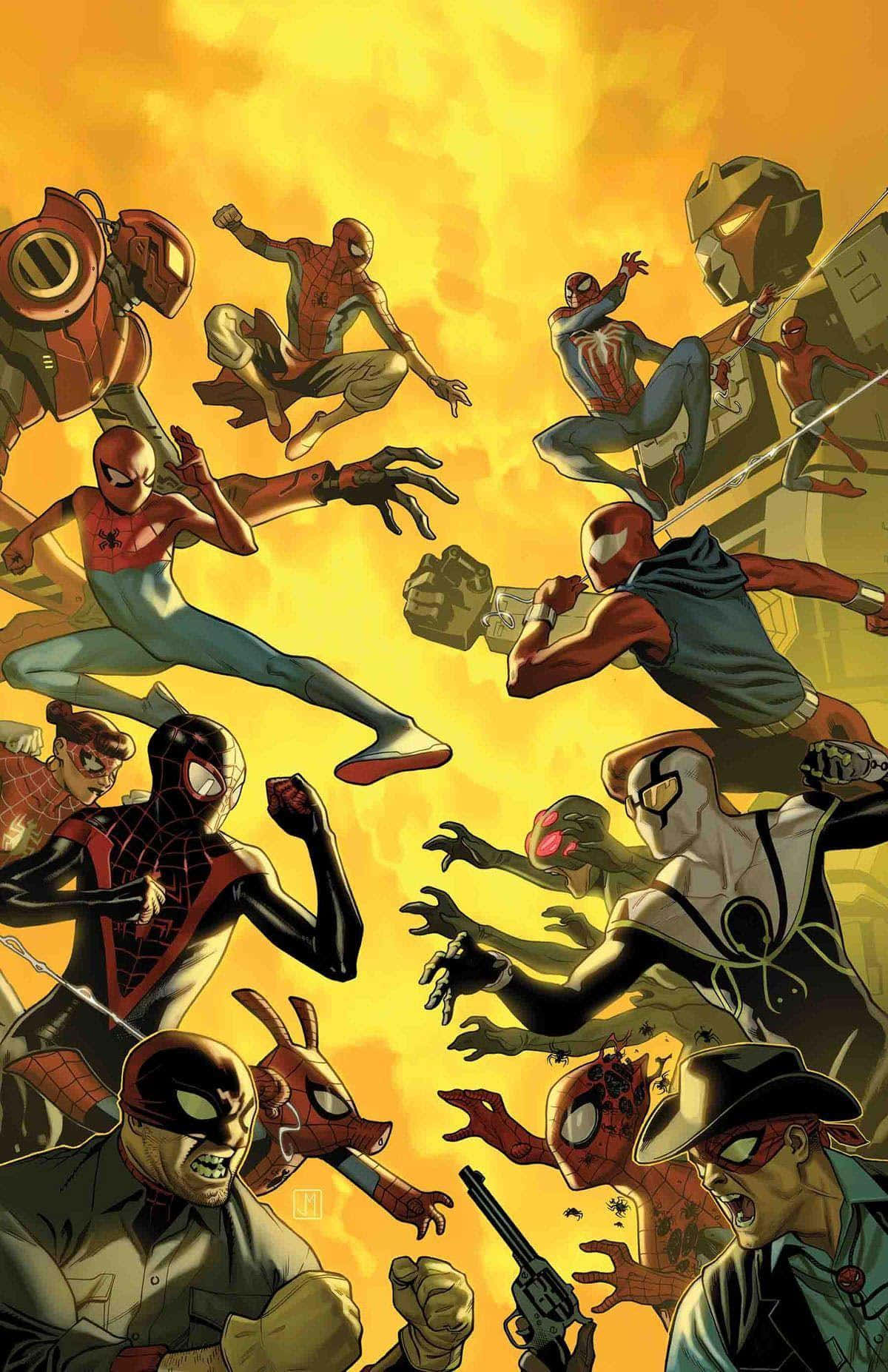 Spider-geddon 桌布 壁紙 — 多個蜘蛛俠變體以動態姿勢在熾熱的黃色天空下與反派交戰。
