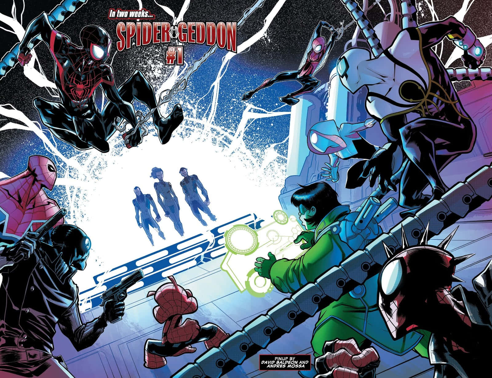 Spider-geddon 桌布 壁紙 — 多個蜘蛛俠變體以動態姿勢與綠色反派在發光能量和破碎科技中交戰的漫畫面板。