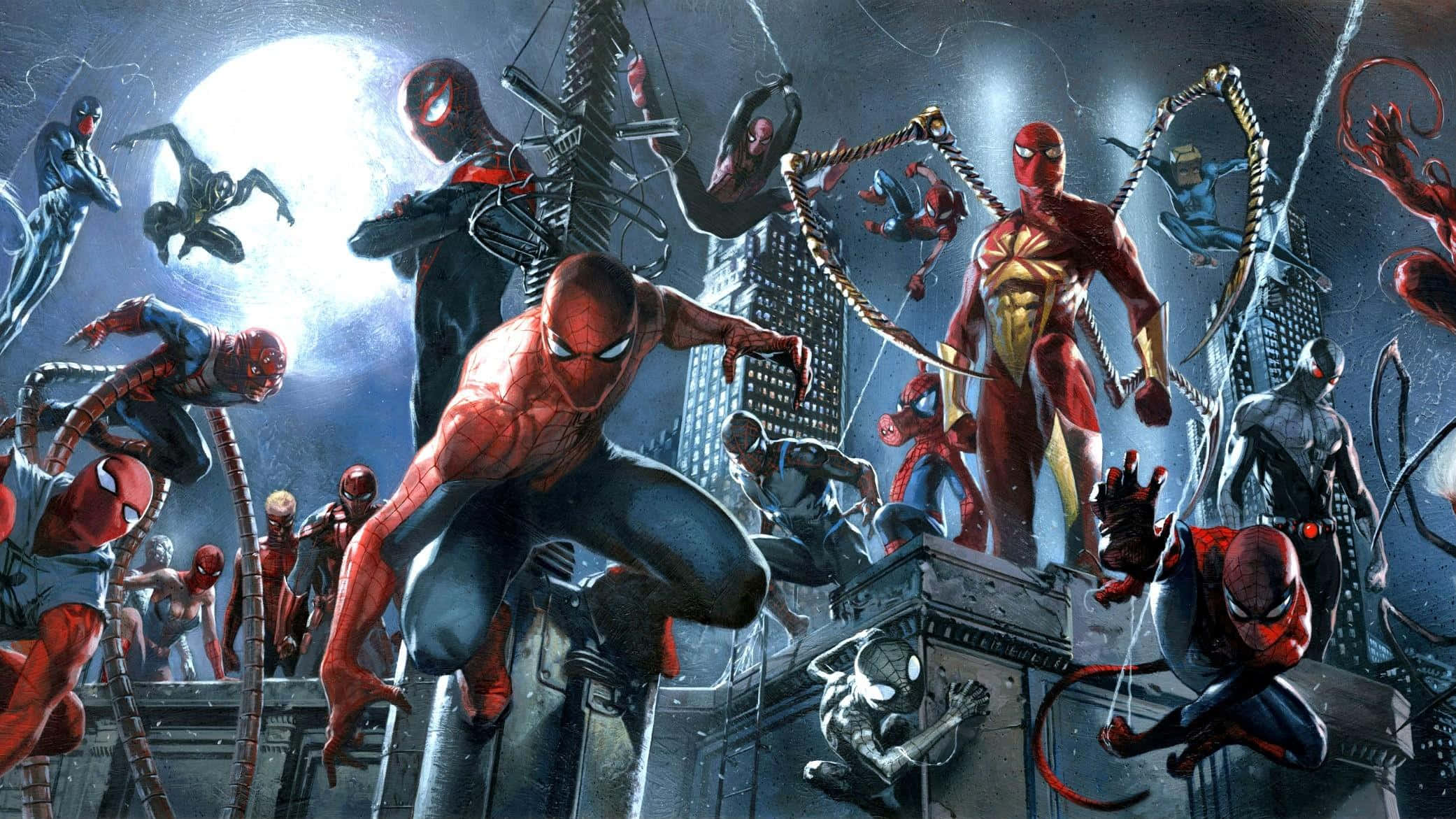 Spider-geddon 桌布 壁紙 — 多個蜘蛛俠變體在暴風雨的天空下，於月光照耀的城市天際線前動態擺盪和擺姿勢。
