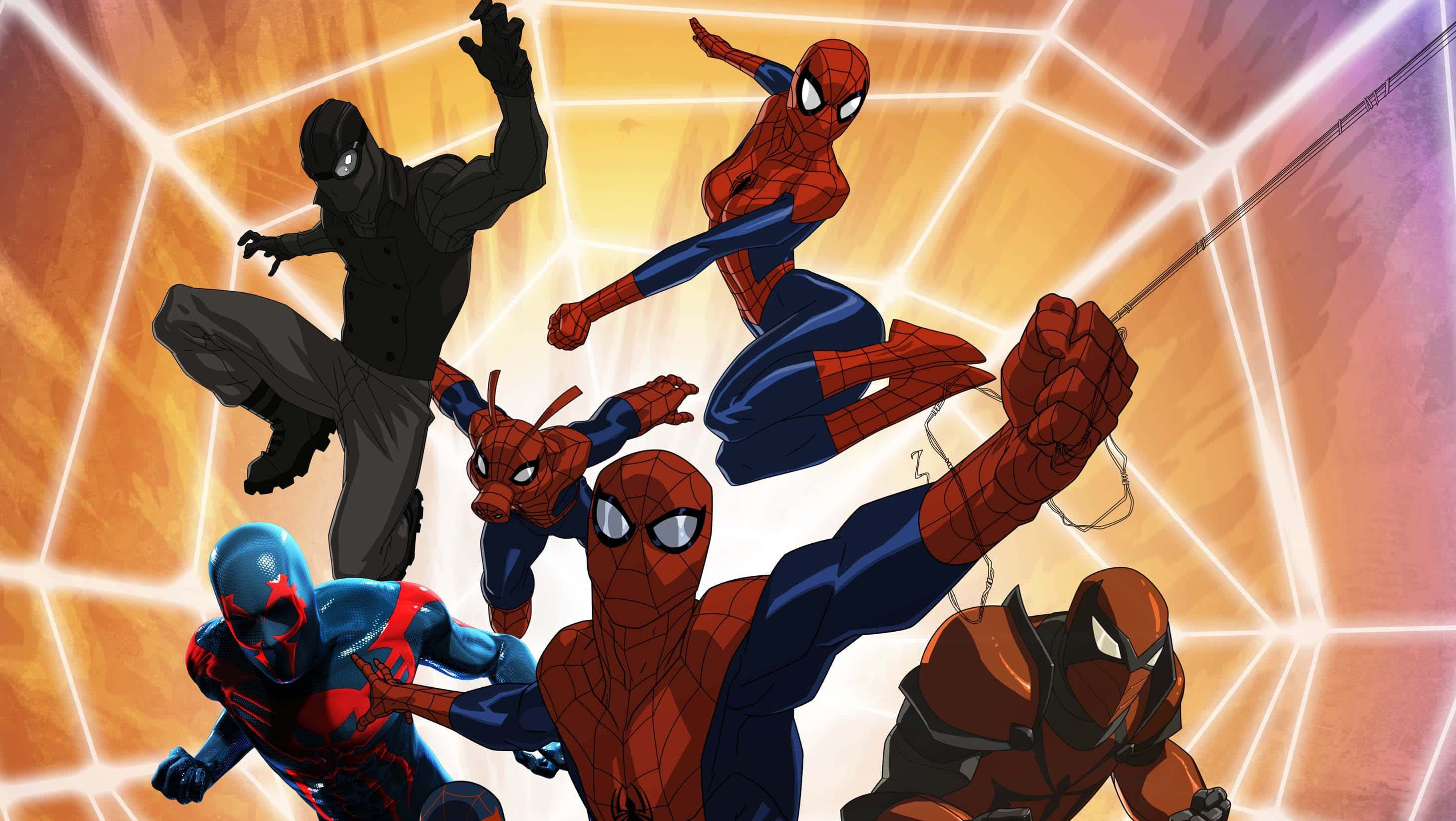Ultimate Spider-man 桌布 壁紙 — 多個蜘蛛俠變體在發光的幾何背景前以充滿活力的漫畫風格動態跳躍。