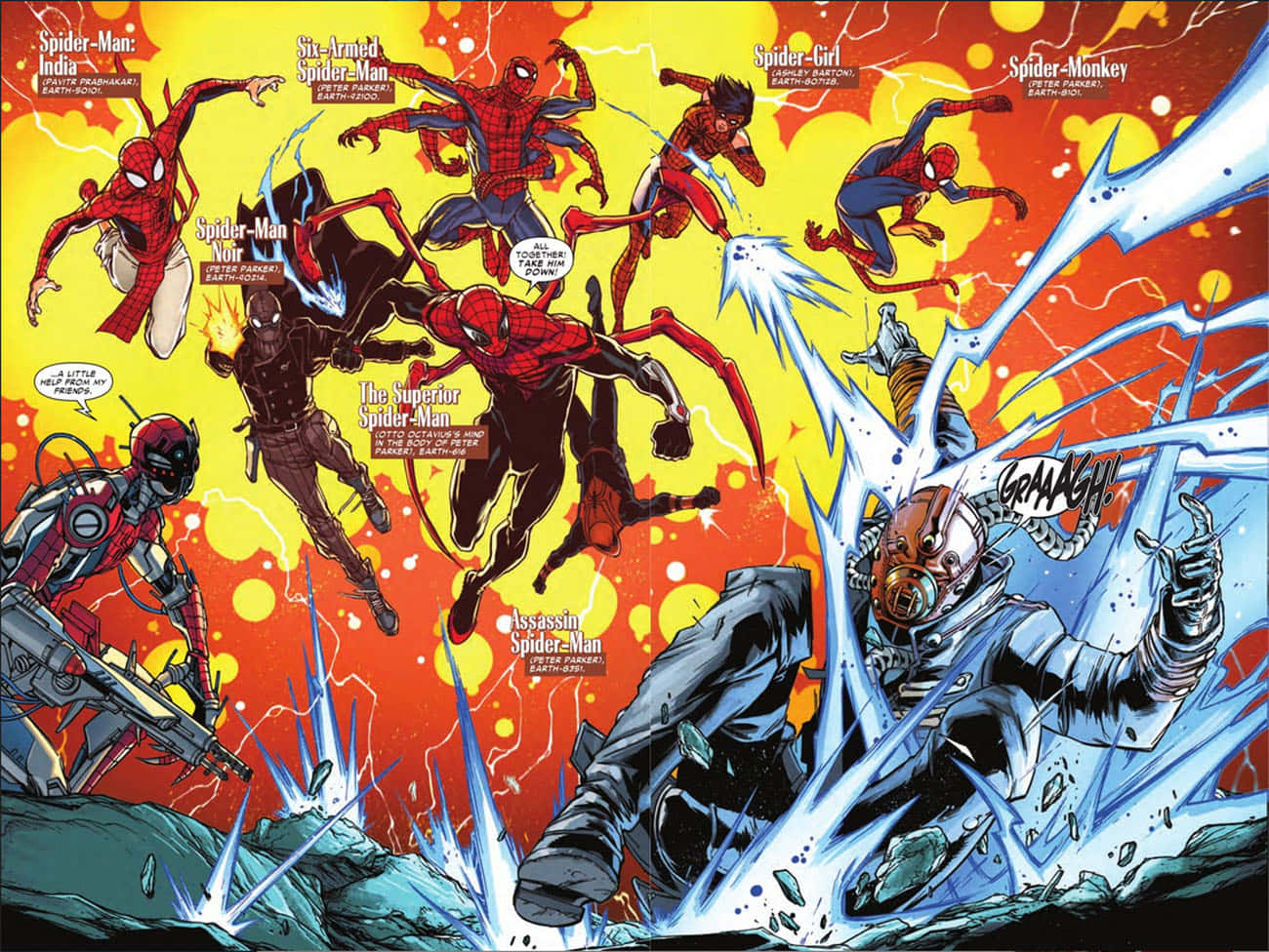 Superior Spider-man 桌布 壁紙 — 多個身穿紅色戰衣的蜘蛛俠變體在爆炸性的藍色能量衝擊中與一個蒙面反派戰鬥，背景是火黃色。