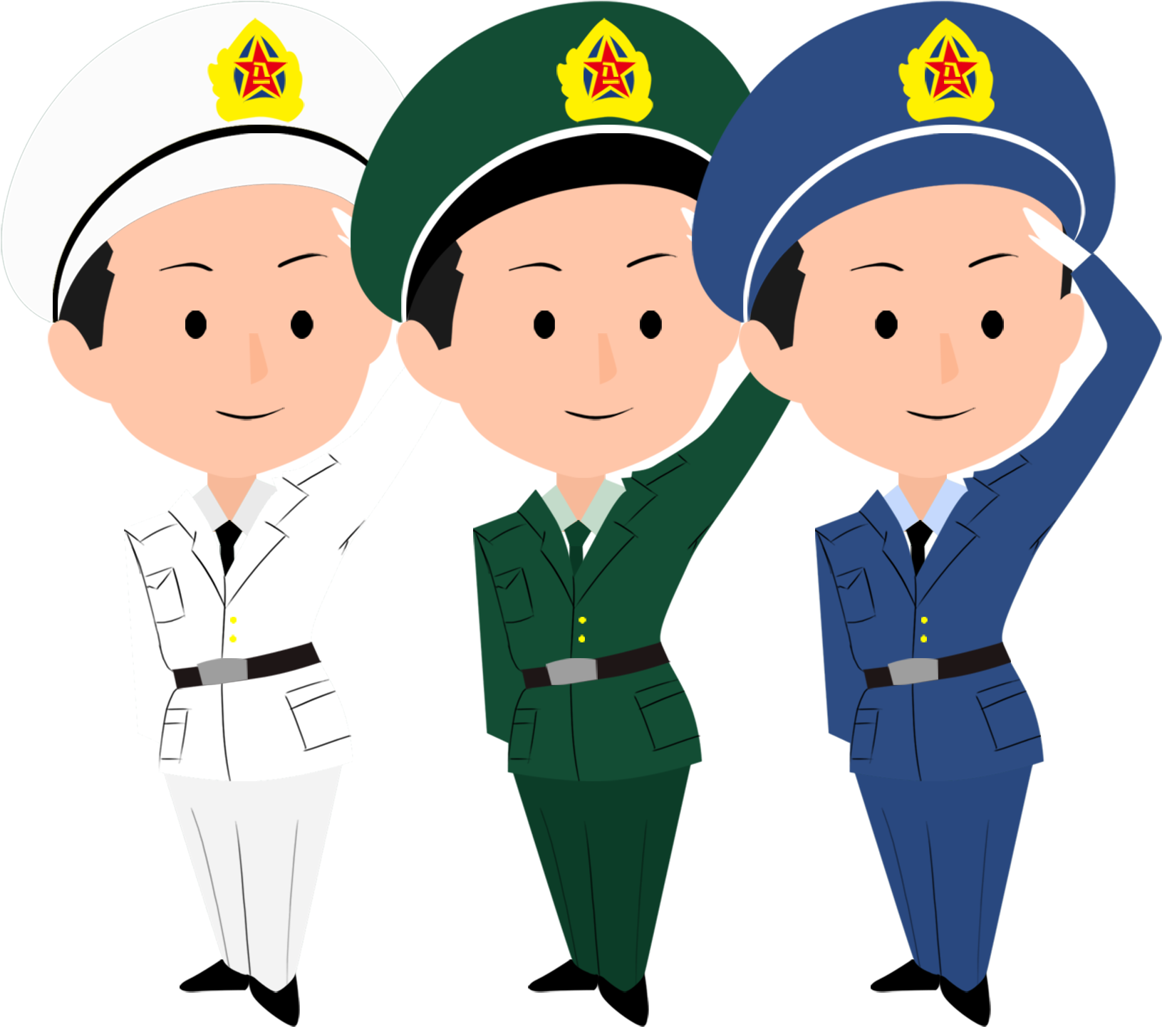 多個軍裝卡通角色敬禮 壁紙 — 三個卡通士兵穿著白色、綠色和藍色制服，戴著星形徽章的帽子，在黑色背景前敬禮。