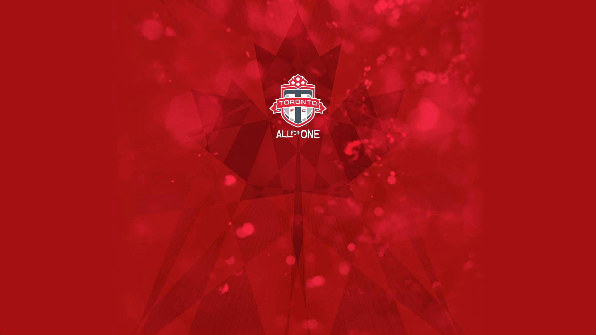多倫多FC All For One標誌 壁紙 — 一張大膽的紅色幾何圖案牆紙，中央是 Toronto FC 標誌，置於風格化的楓葉之上，帶有散景效果。
