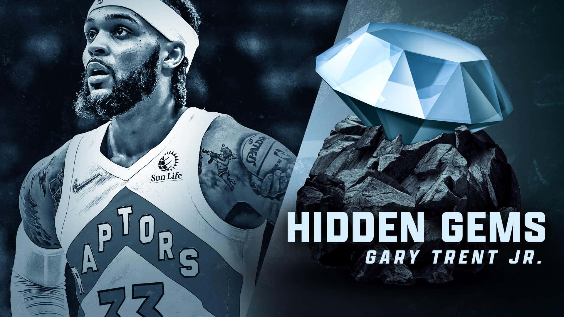 籃球運動員Gary Trent Jr.站在從礦石中冒出的鑽石旁邊，帶有文字hidden gems
