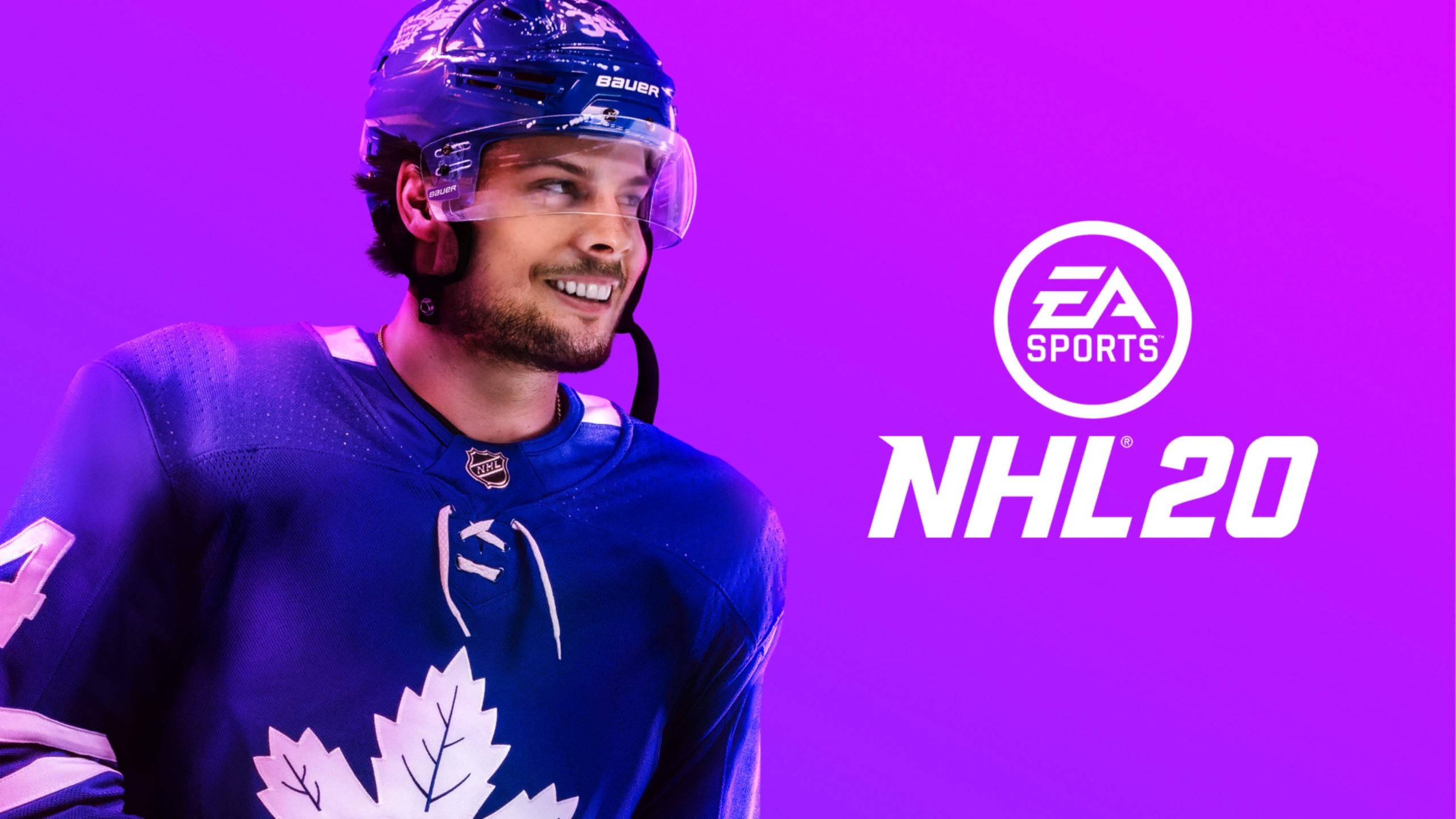多倫多楓葉隊NHL 20 壁紙 — 一位微笑的冰球運動員身穿多倫多楓葉隊球衣，在充滿活力的紫色背景前擺姿勢，背景上有NHL 20和EA Sports標誌。