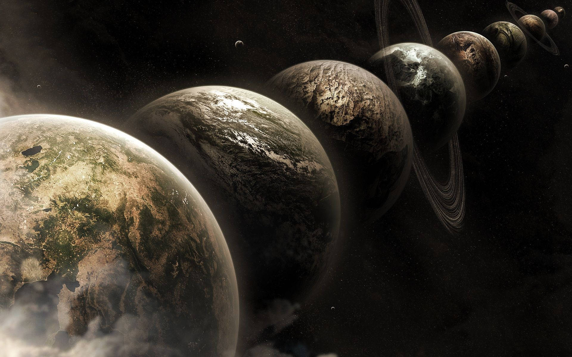 多元宇宙中的地球 壁紙 — 一排多樣化的行星，帶有光環和不同的表面，漂浮在深空之中，背景是佈滿星光的黑色虛空。