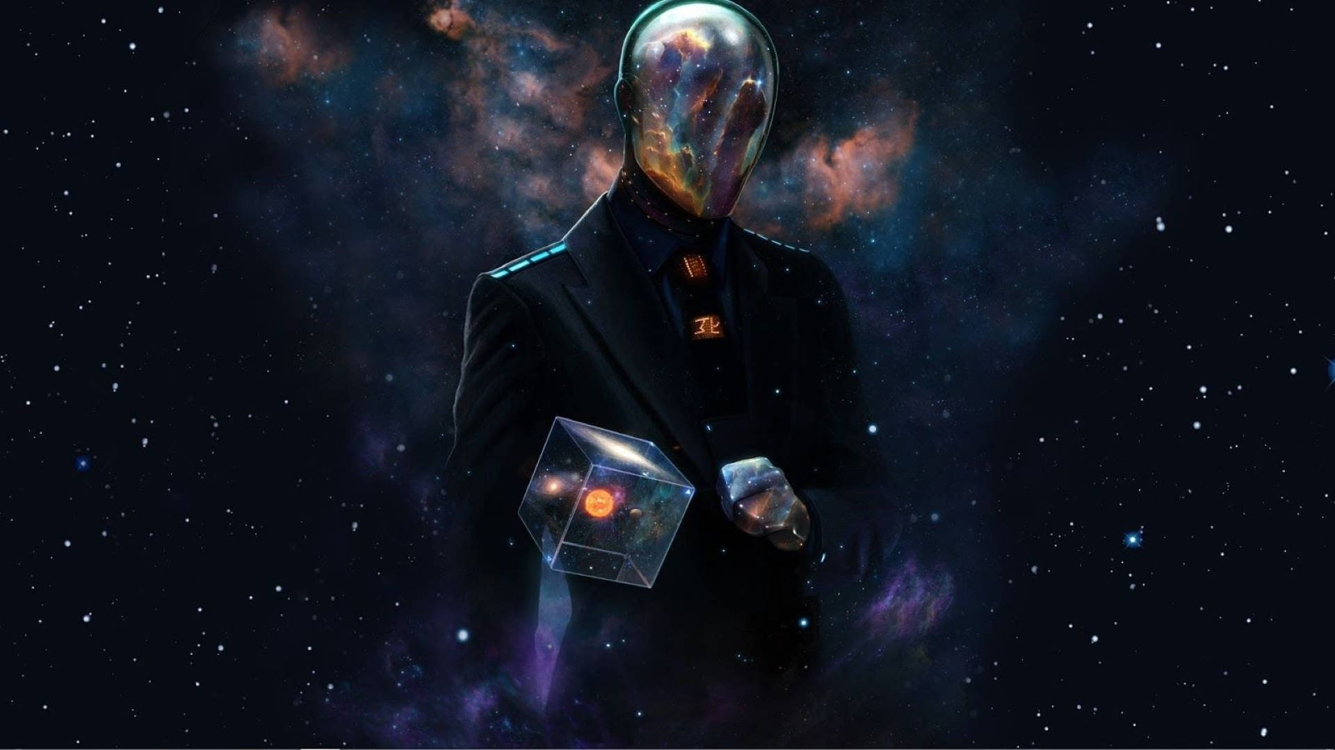 多元宇宙宇宙人 壁紙 — 一個穿著西裝、擁有宇宙面孔的人物，在星雲背景下拿著一個發光的立方體。