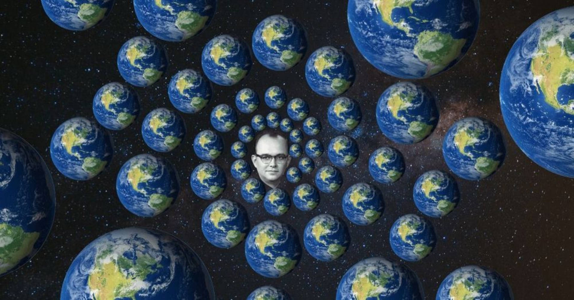 多元宇宙理論家休·艾弗雷特 壁紙 — 一個男人的臉位於星空中漂浮的地球儀螺旋的中心。