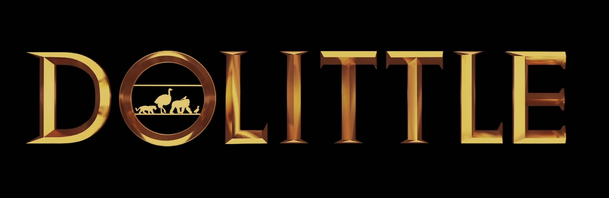 多力特黑底海報 壁紙 — 金色3D電影標題 Dolittle，O 內有動物剪影，黑色背景。