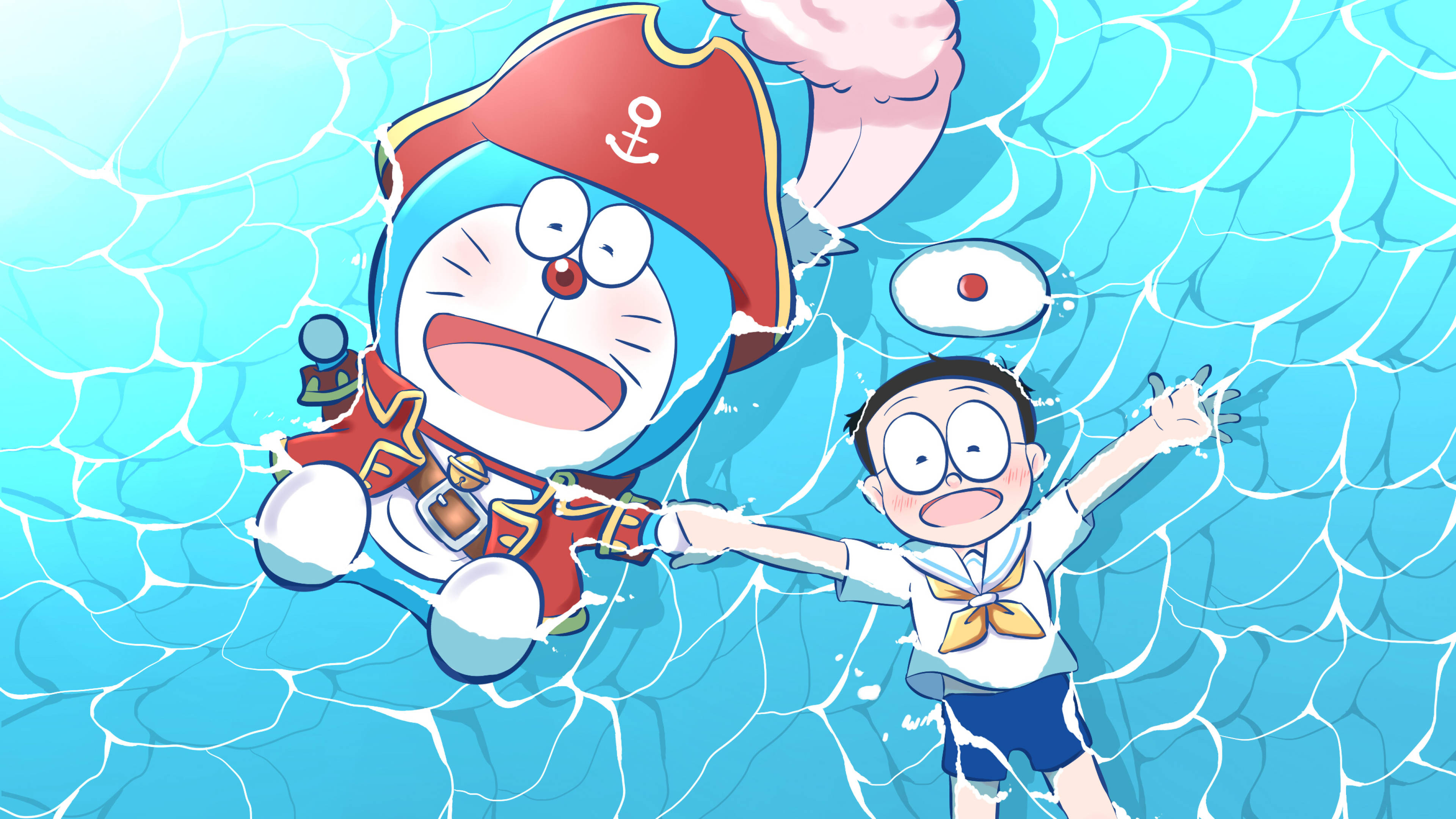 Doraemon 桌布 壁紙 — 多啦A夢和一個穿著水手服的男孩在明亮的藍色泳池中，在漣漪波紋中歡快地在水下嬉戲。