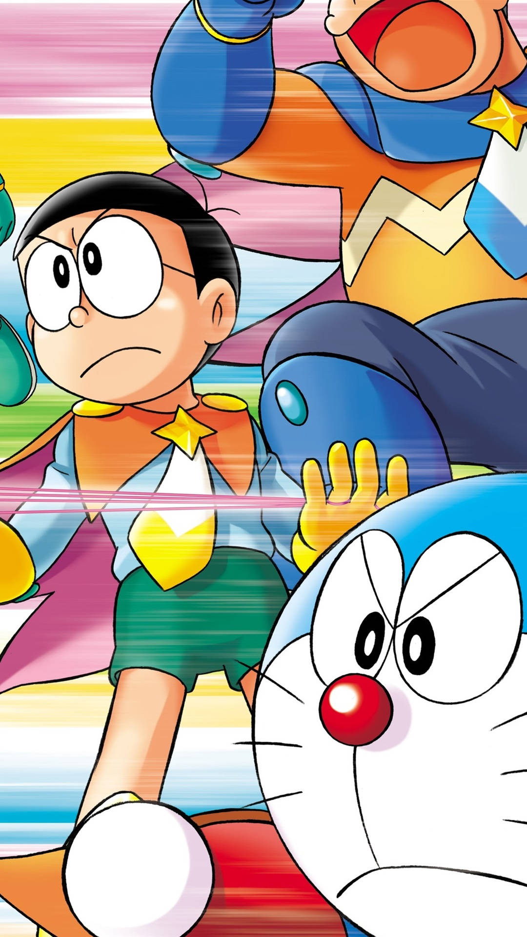 Doraemon 桌布 壁紙 — 多啦A夢和朋友們在充滿活力的動漫動作中，伴隨著鮮豔的彩虹色條紋。