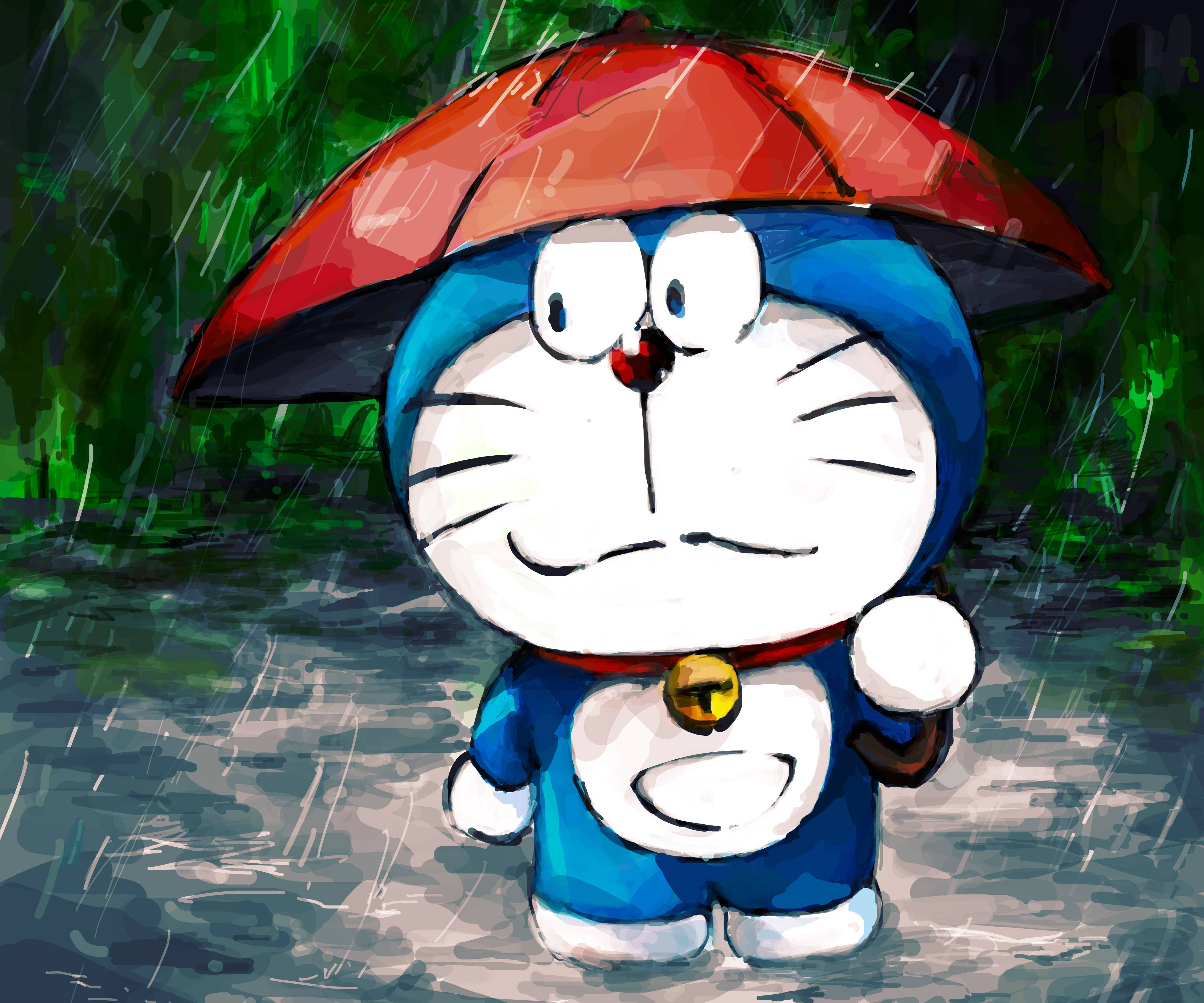 Doraemon 桌布 壁紙 — 多啦A夢喺深綠色背景嘅大雨中，企喺紅色遮下面，表情開心。