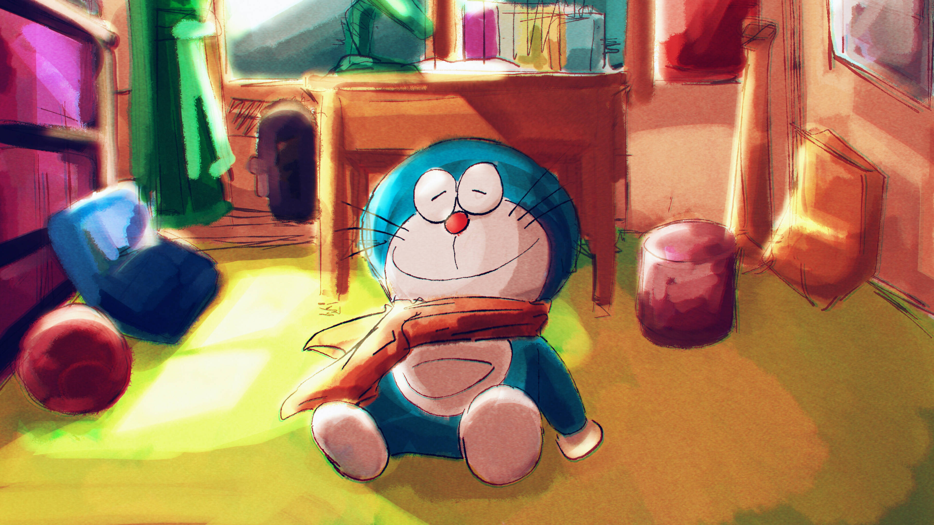 Doraemon 桌布 壁紙 — 多啦A夢滿足地坐在陽光普照的地板上，身處一個舒適雜亂的房間，溫暖的金色光線從窗戶照射進來。