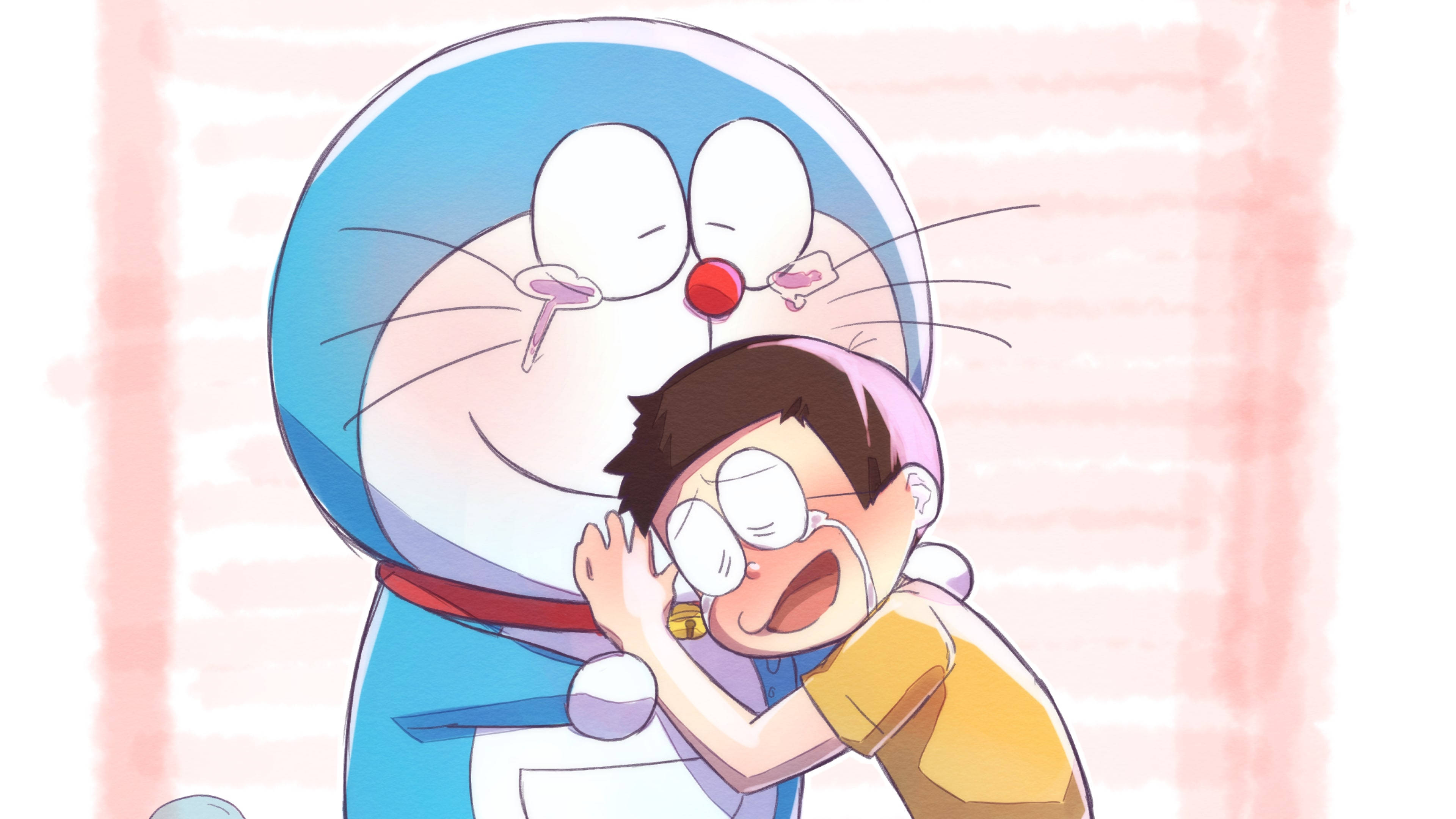 doraemon 4K 桌布 壁紙 — 多啦A夢緊緊擁抱他的朋友大雄，在柔軟的粉紅色條紋背景前開懷大笑。