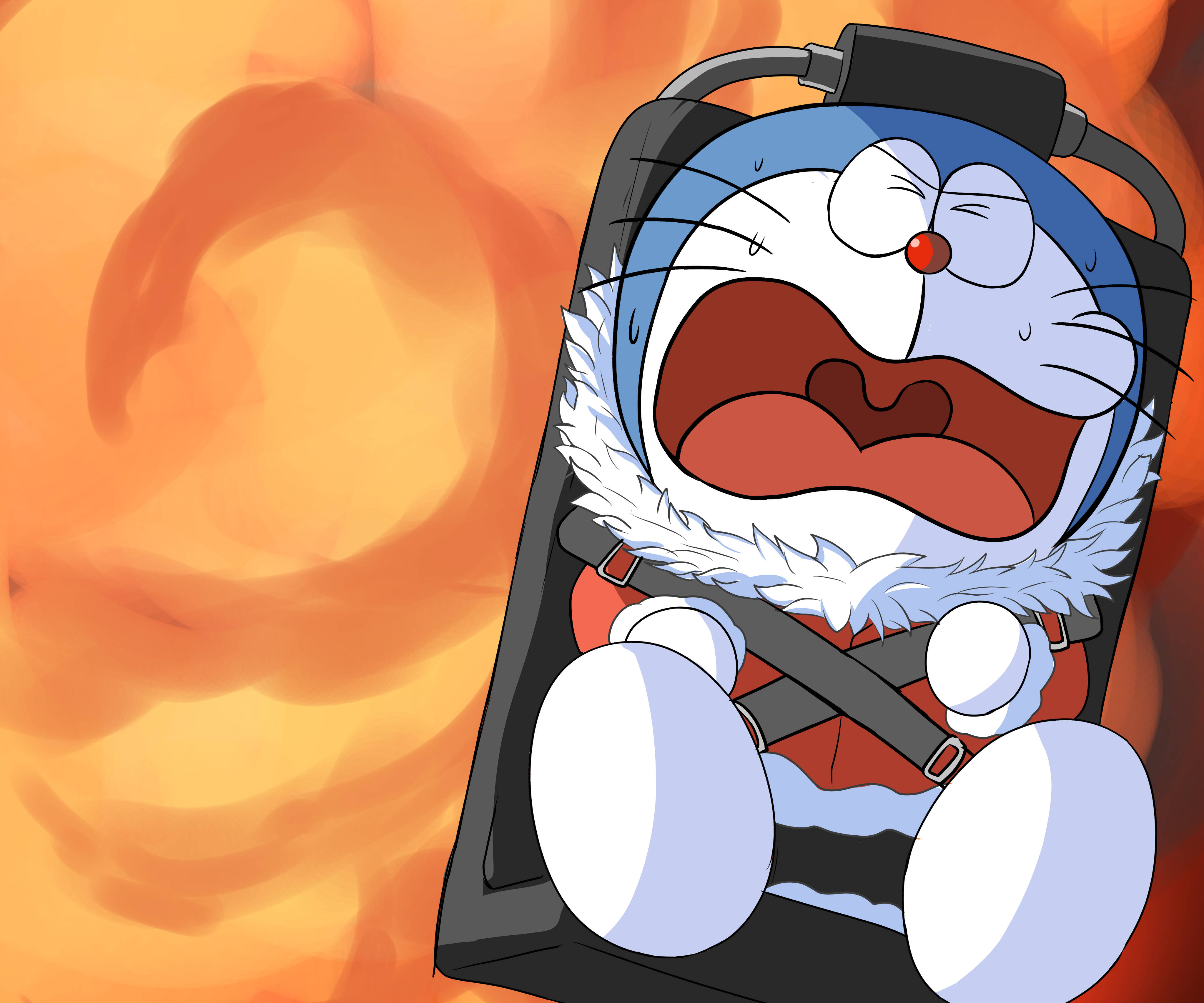Doraemon 桌布 壁紙 — 多啦A夢被綁在座位上尖叫，熾熱的橙色火焰吞噬了背景。