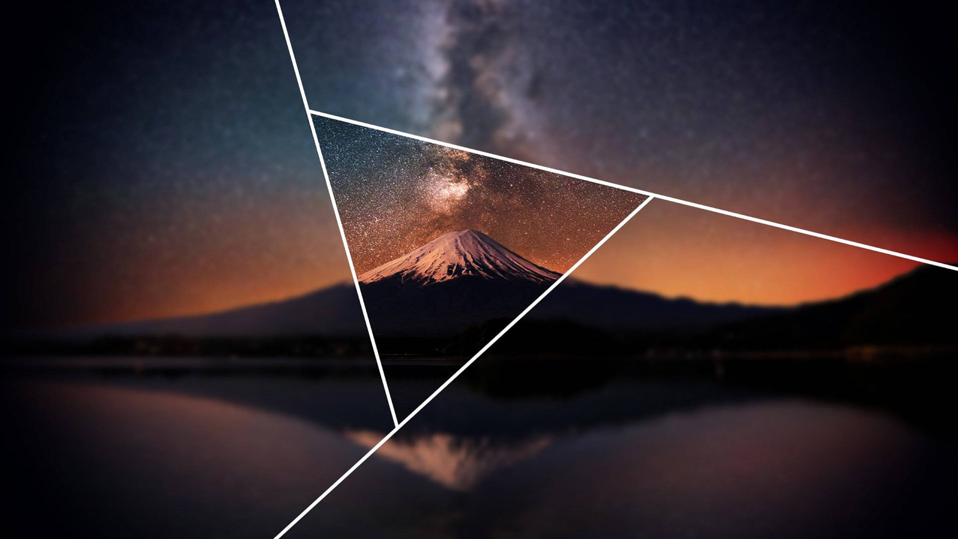 星空下，三角形框住的富士山，水面反射銀河。