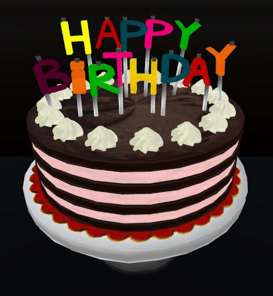 Happy Birthday Cake 桌布 壁紙 — 多層朱古力生日蛋糕，配上粉紅色糖霜和色彩繽紛的字母蠟燭，拼出 happy birthday。