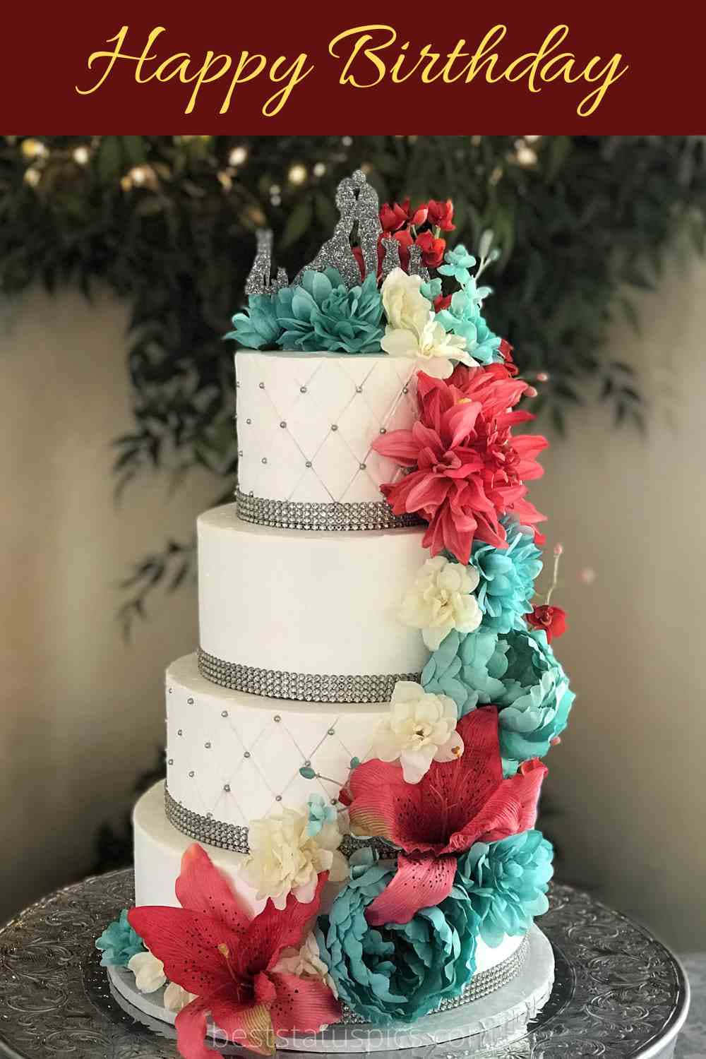 Floral Cake 桌布 壁紙 — 多層生日蛋糕，飾有紅色、綠松石色和白色的花朵以及銀色水鑽點綴。