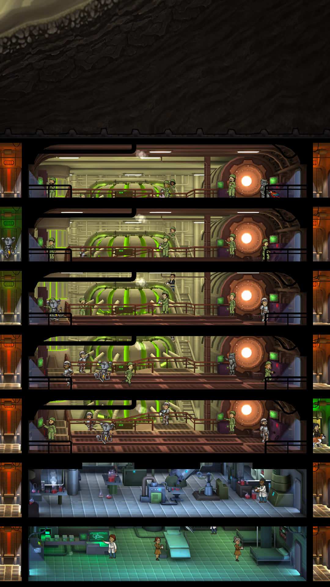 Fallout Shelter 桌布 壁紙 — 多層科幻設施的橫截面視圖，帶有發光的綠色機械和穿制服的工作人員。