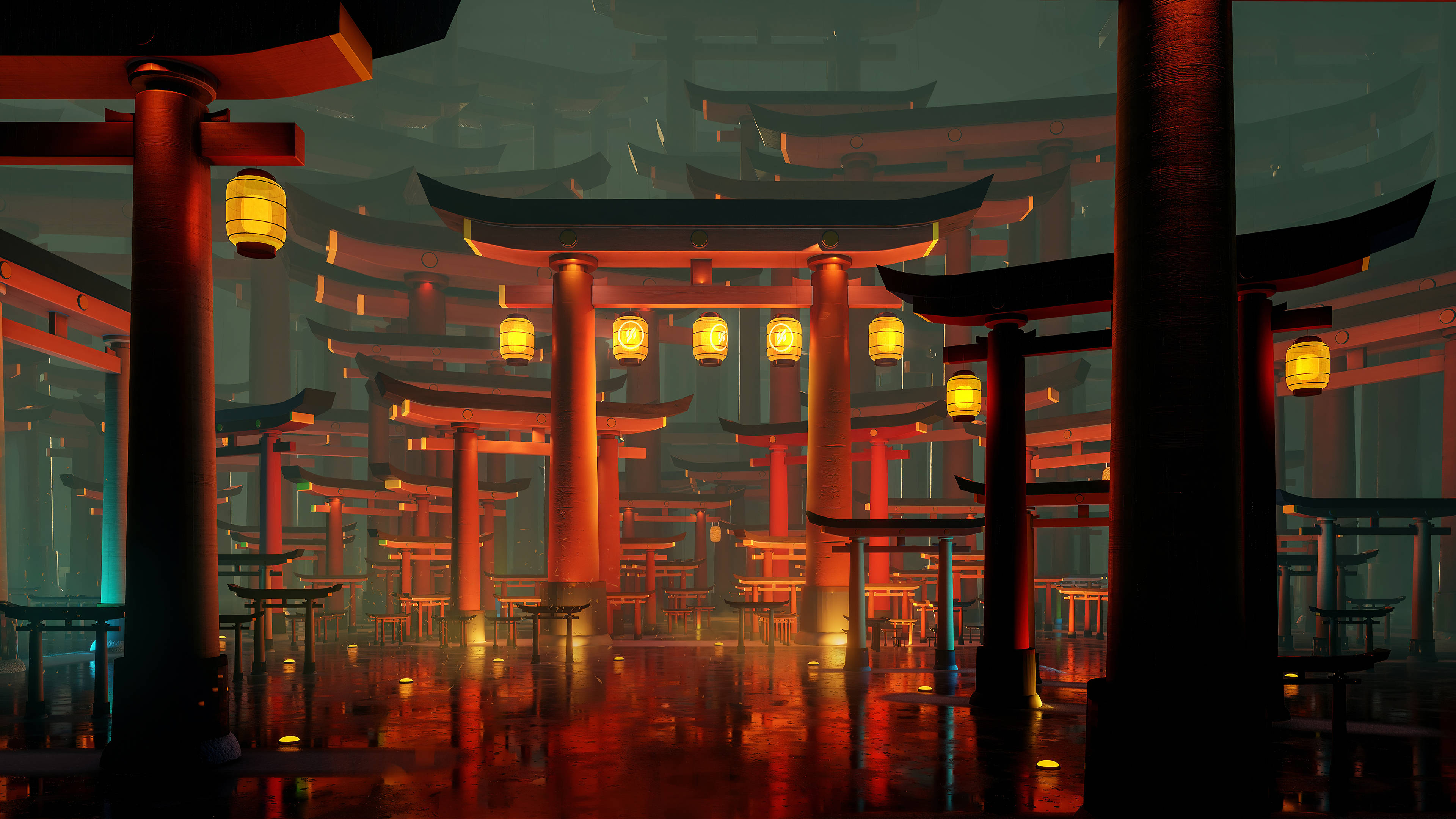 多座鳥居門 壁紙 — 一個霧夜場景，發光的紅色鳥居在溫暖的燈光下倒映在潮濕的路面上。