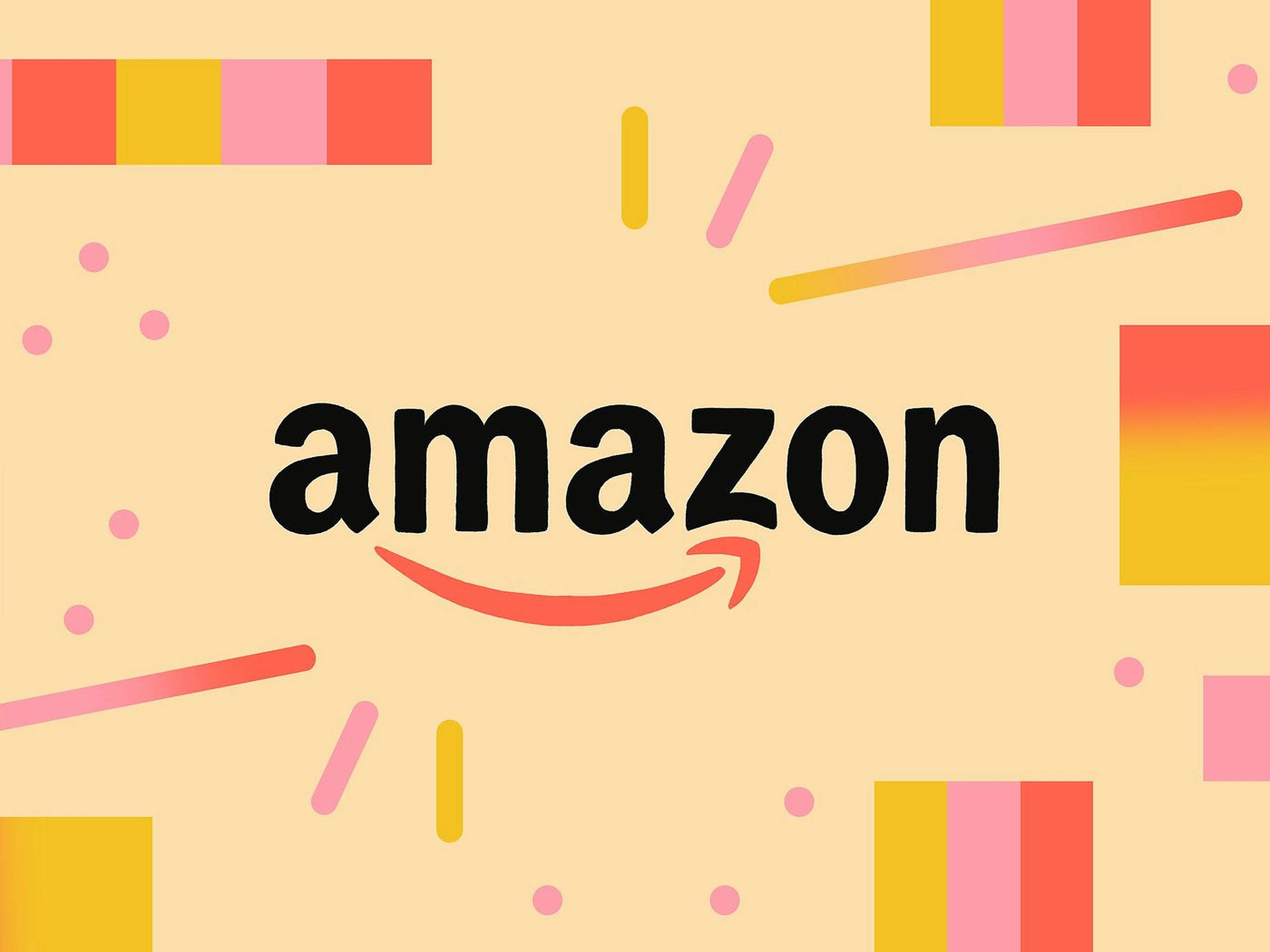 多彩 Amazon 標誌 壁紙 — 亞馬遜標誌居中於粉彩背景上，配以色彩繽紛的幾何形狀和漸變線條。