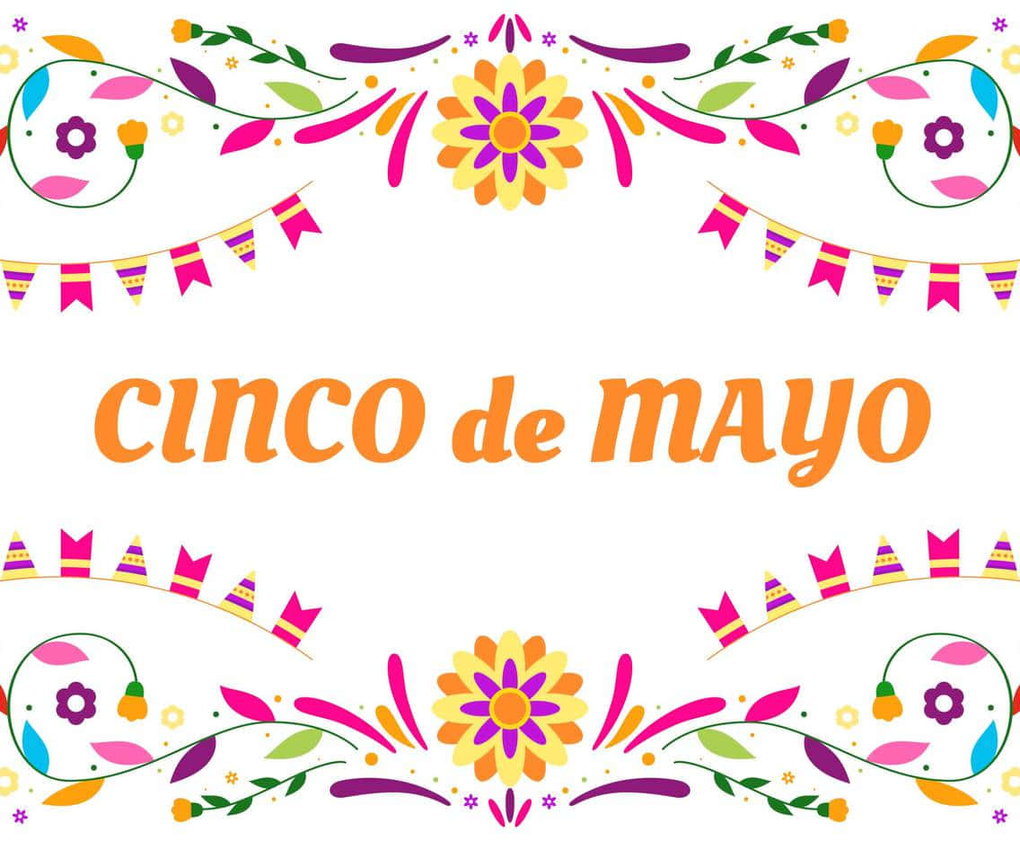 多彩 Cinco de Mayo 向量藝術背景 壁紙 — 充滿活力的墨西哥五月五日節慶祝橫幅，帶有彩色花卉圖案和節日旗幟，背景為白色。