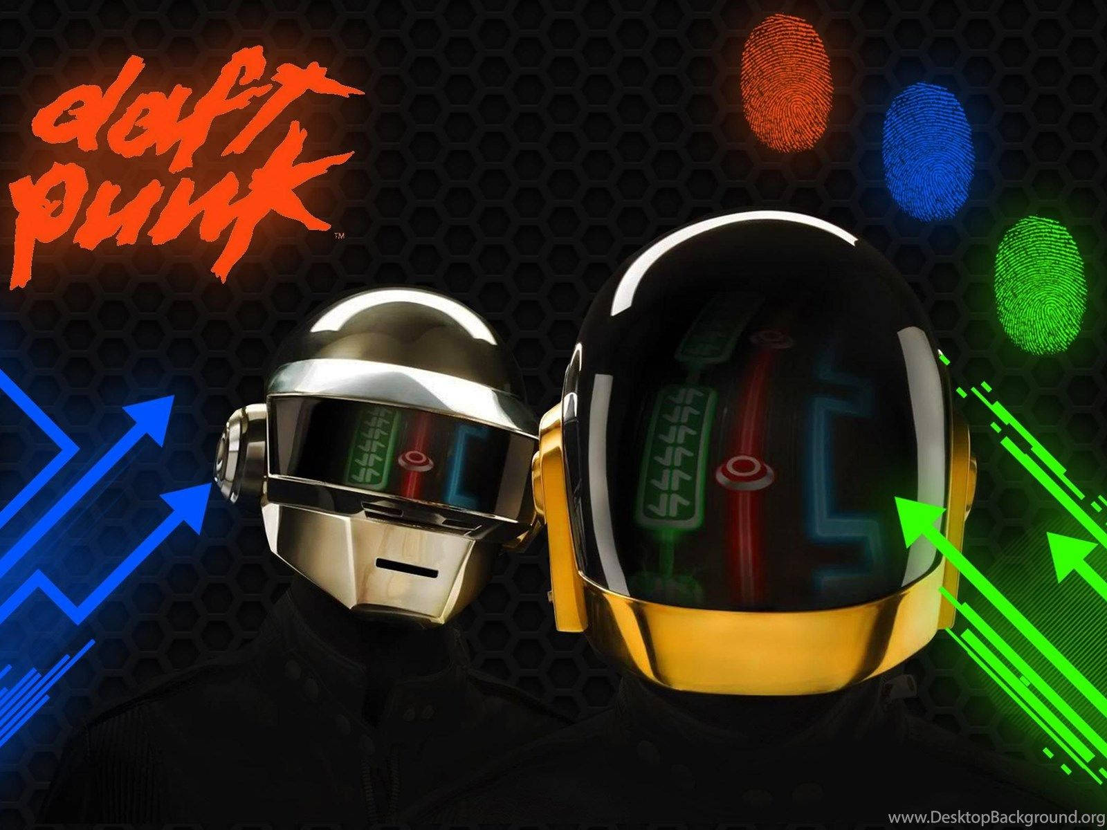 Daft Punk 機械人，頭盔發光，在黑暗背景上帶有霓虹圖形。