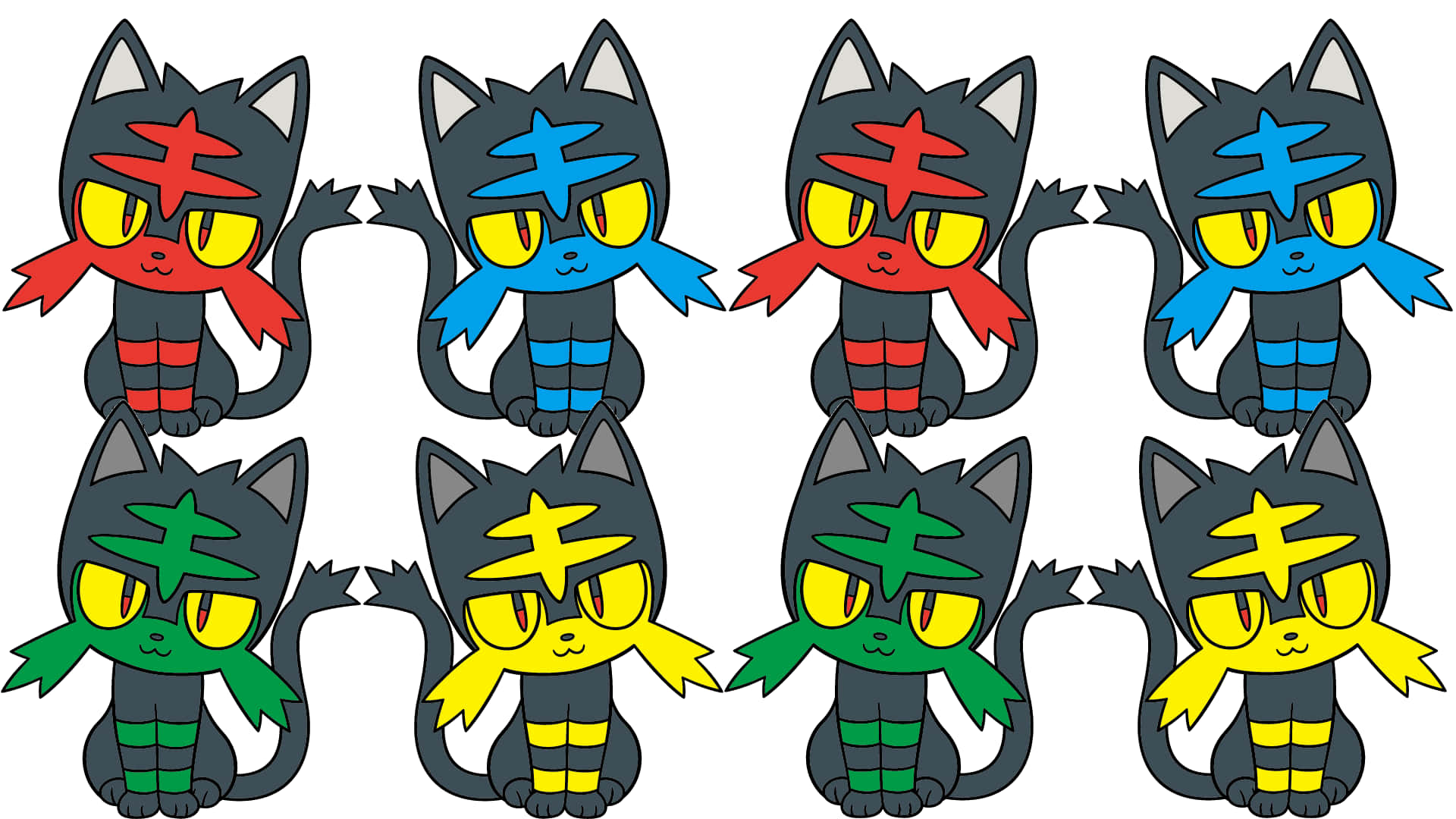 多彩 Litten 的壯麗畫面 壁紙 — 八隻卡通貓咪般的生物，有著黃色眼睛和彩色標記，以兩排形式坐在白色背景前。