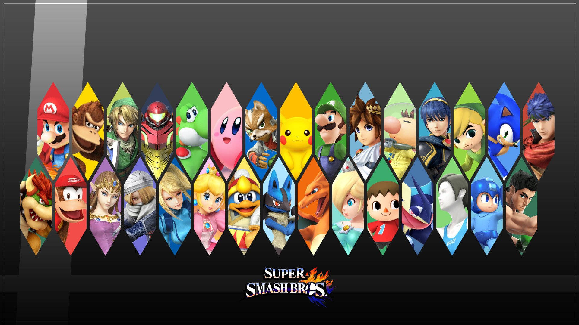 Super Smash Bros 角色在鑽石框架中，背景深色