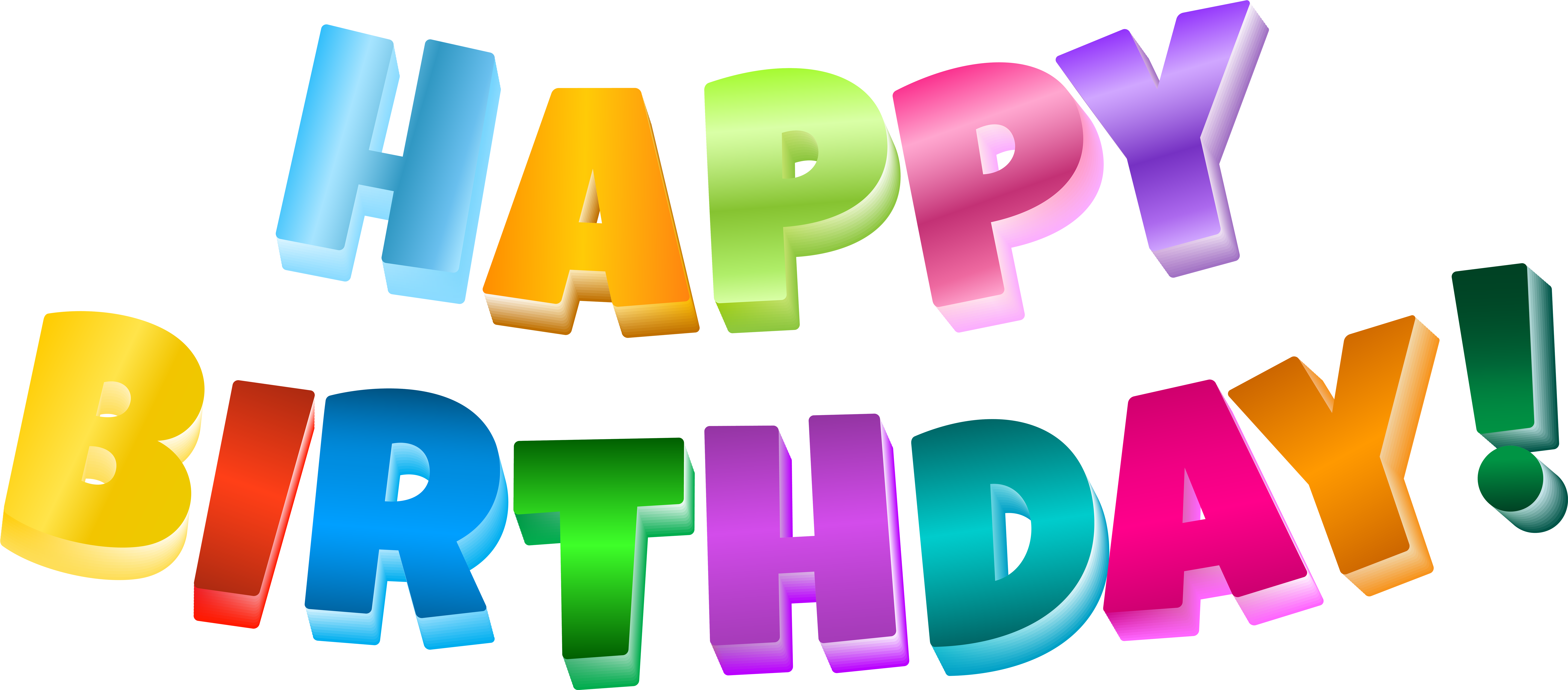 多彩「生日快樂」文字 壁紙 — 鮮豔的3D彩虹字母在純黑背景上拼出「HAPPY BIRTHDAY!」。