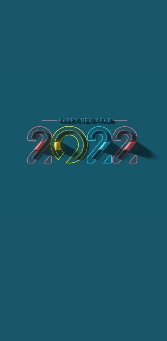 在青綠色背景上以彩色霓虹文字顯示的Happy New Year 2022