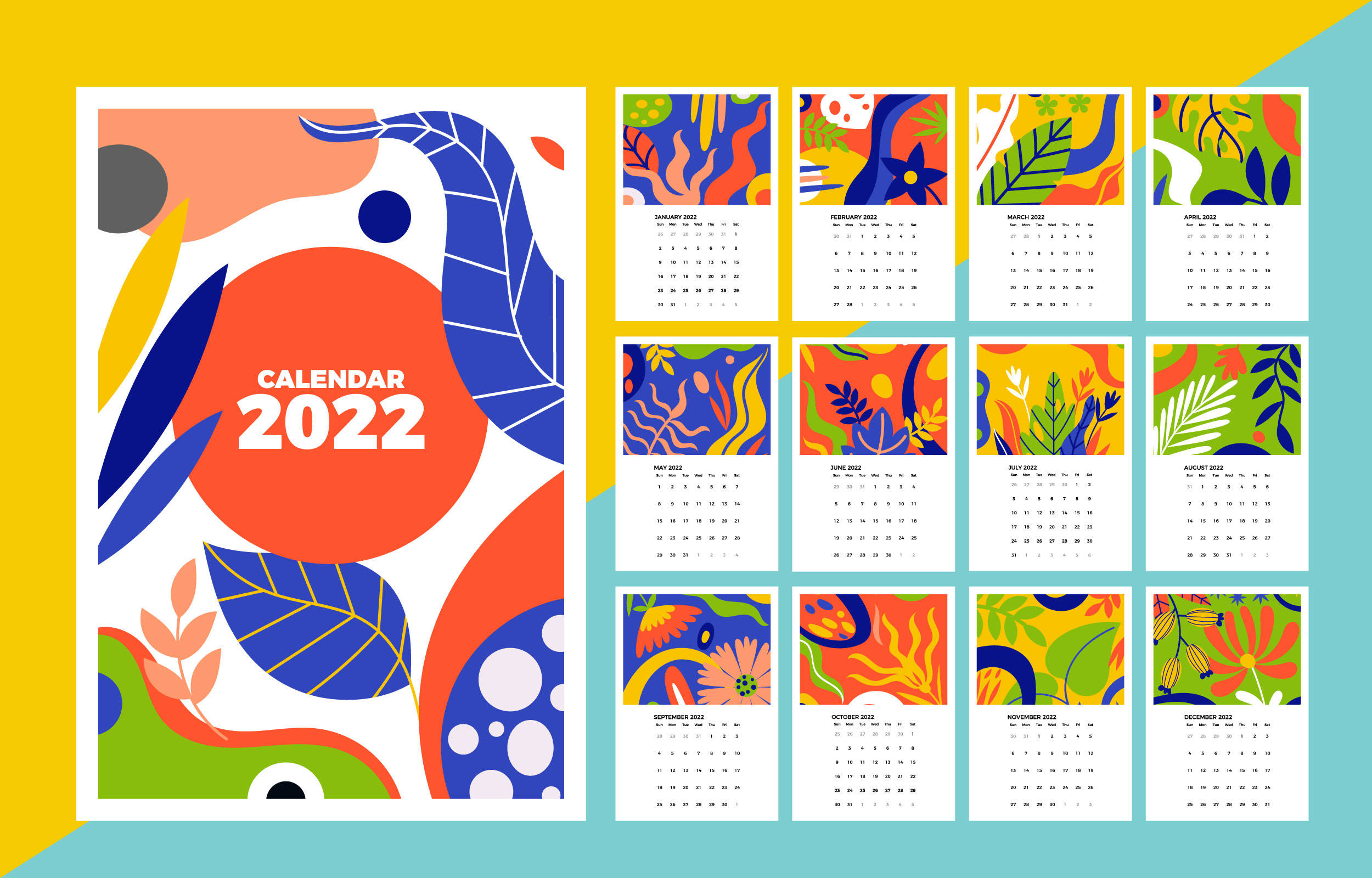 多彩2022日曆 壁紙 — 充滿活力的抽象2022年月曆，在黃色和藍綠色背景上帶有鮮豔大膽的葉子圖案和幾何形狀。