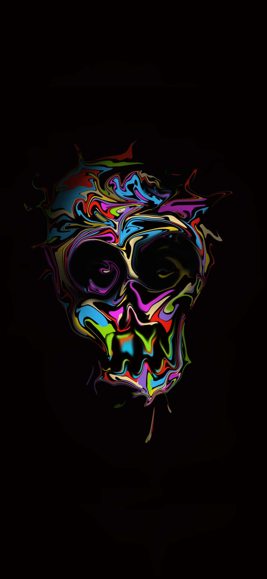充滿活力的迷幻骷髏頭，帶有旋轉的彩虹色，背景為黑色。