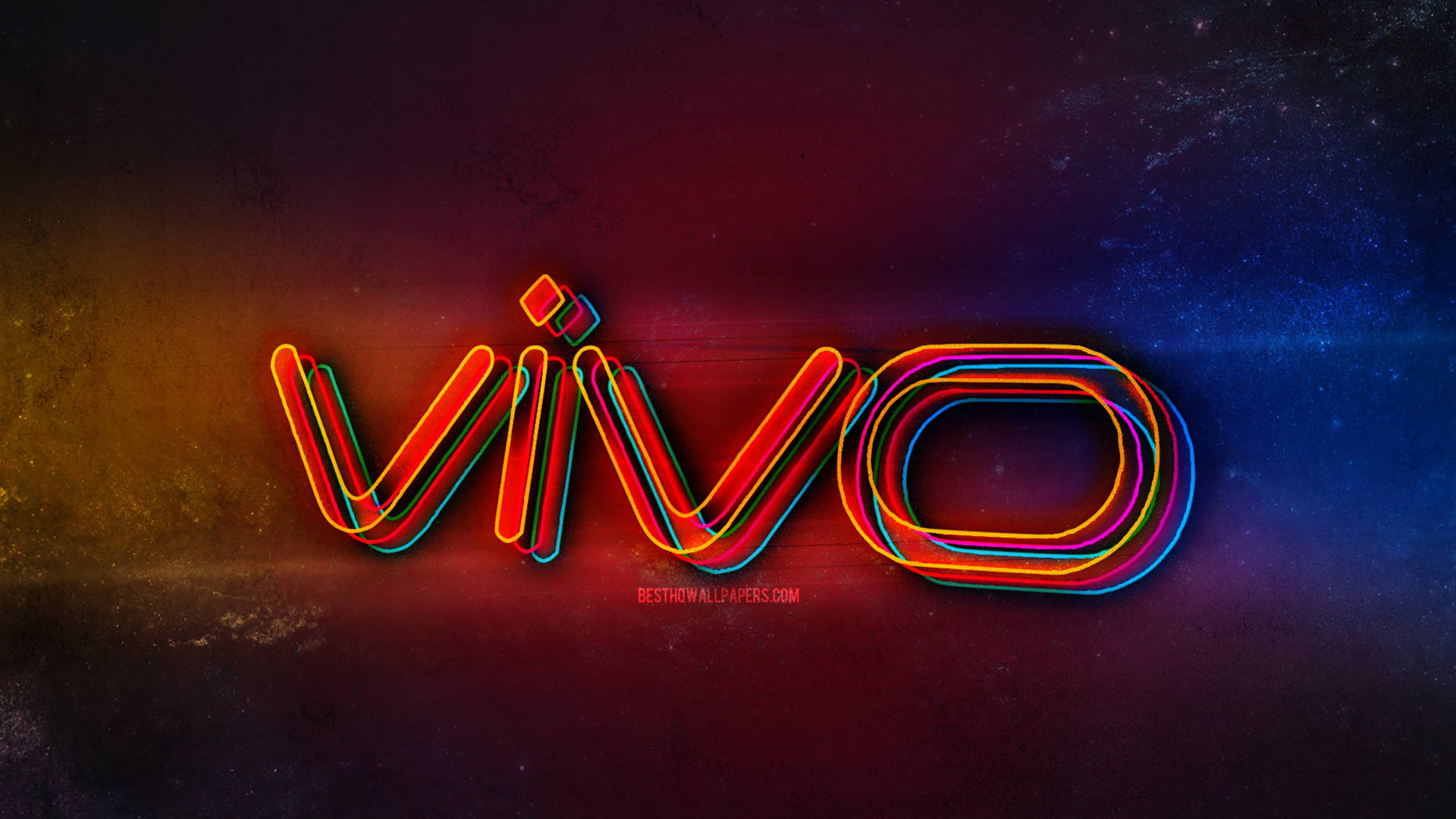 在星空宇宙背景上帶有霓虹彩虹輪廓的 Vivo 品牌標誌。