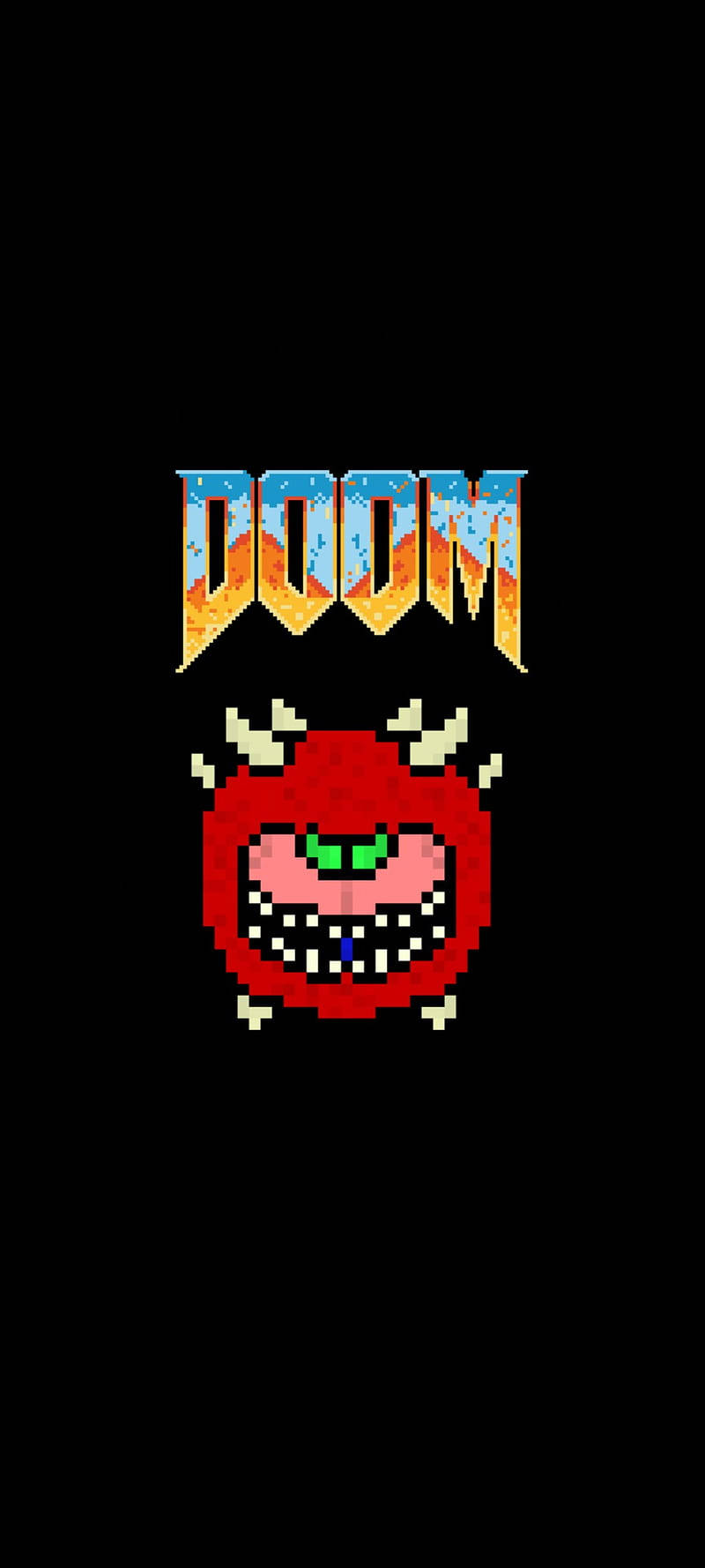 像素藝術DOOM標誌，黑色背景上紅色惡魔面孔
