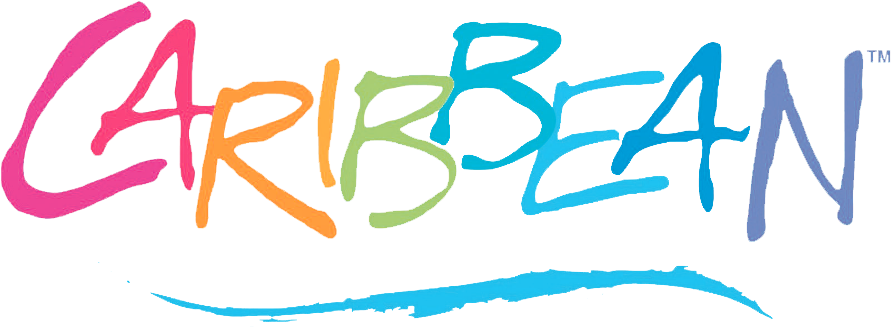 多彩加勒比海標誌 壁紙 — 鮮豔多彩的手寫「CARIBBEAN」標誌，帶有藍色波浪底線，背景為黑色。