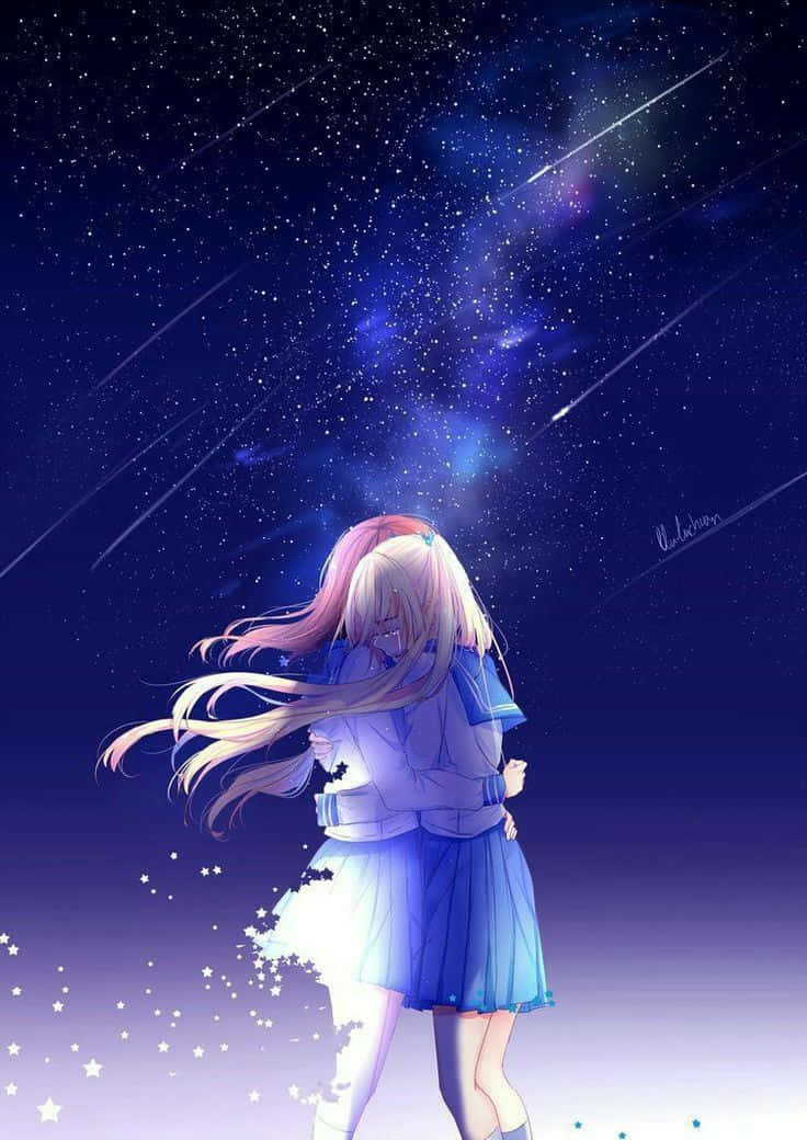 粉紅色頭髮的動漫女孩在繁星點點的夜空中觀看流星。