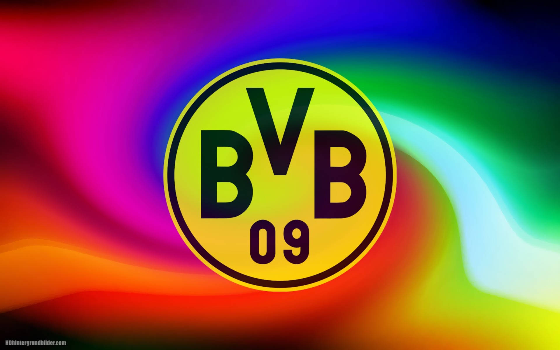 多彩多特蒙德隊徽 壁紙 — BVB 09 標誌居中於充滿活力的漩渦彩虹漸變背景上。