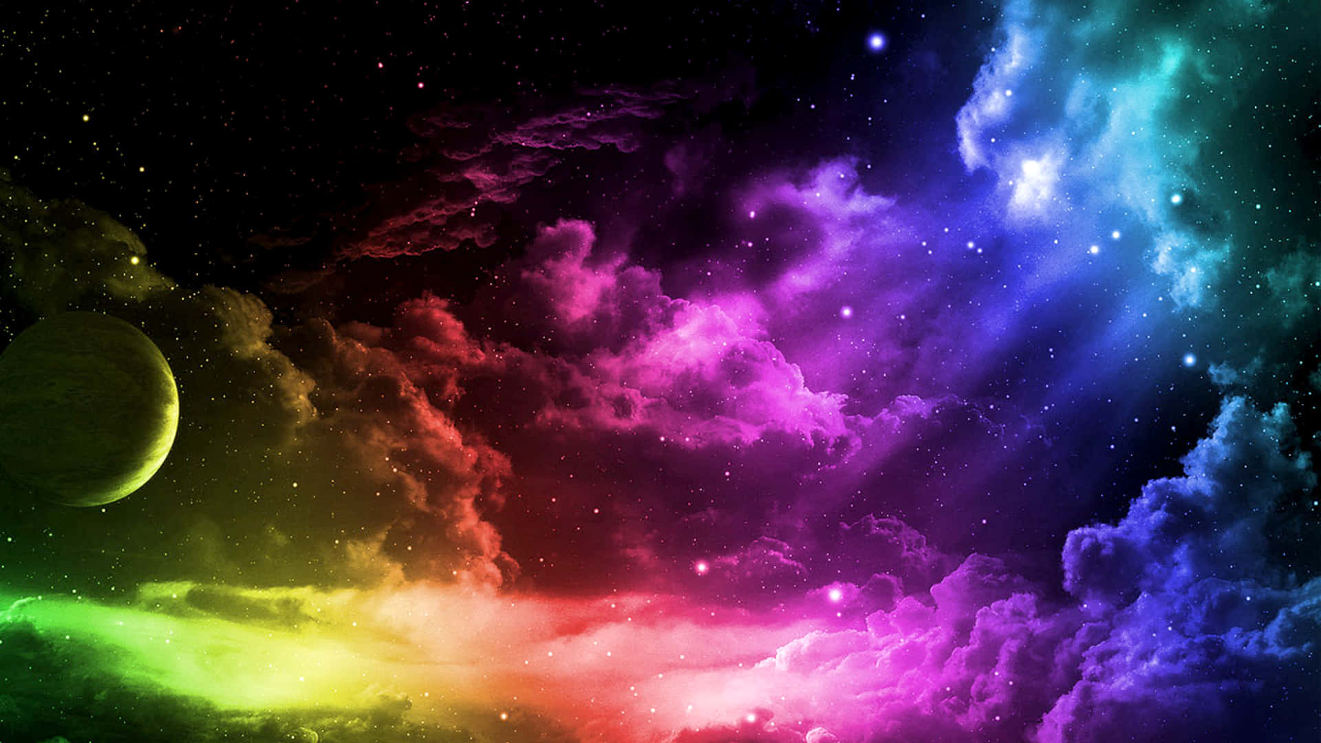 多彩夜空 壁紙 — 充滿活力的宇宙星雲，帶有旋轉的紫色、粉紅色和藍色雲彩，在星空中發光，附近有一顆綠色行星。