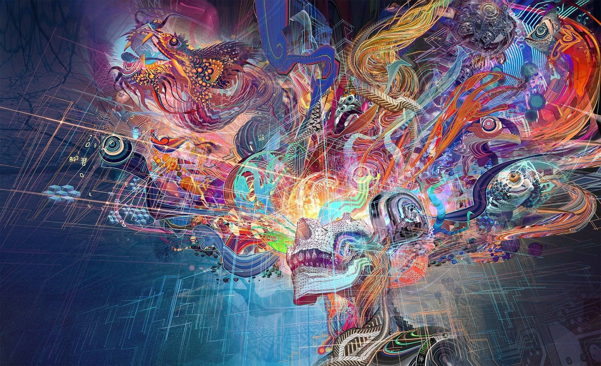 多彩大腦抽象插圖 壁紙 — 一件超現實的數碼藝術作品，充滿鮮豔色彩和混亂的抽象形態，圍繞著一個中央頭骨旋轉。