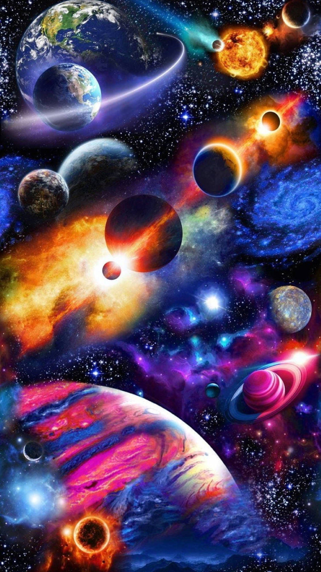 多彩宇宙與行星 壁紙 — 充滿活力的宇宙場景，有旋轉的星系、行星和恆星，呈現鮮豔的紫色、橙色和藍色。