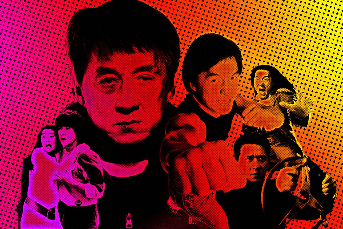 多彩成龍拼貼畫 壁紙 — 充滿活力的半色調海報，展示成龍在火紅黃漸變背景上的動態武術姿勢。