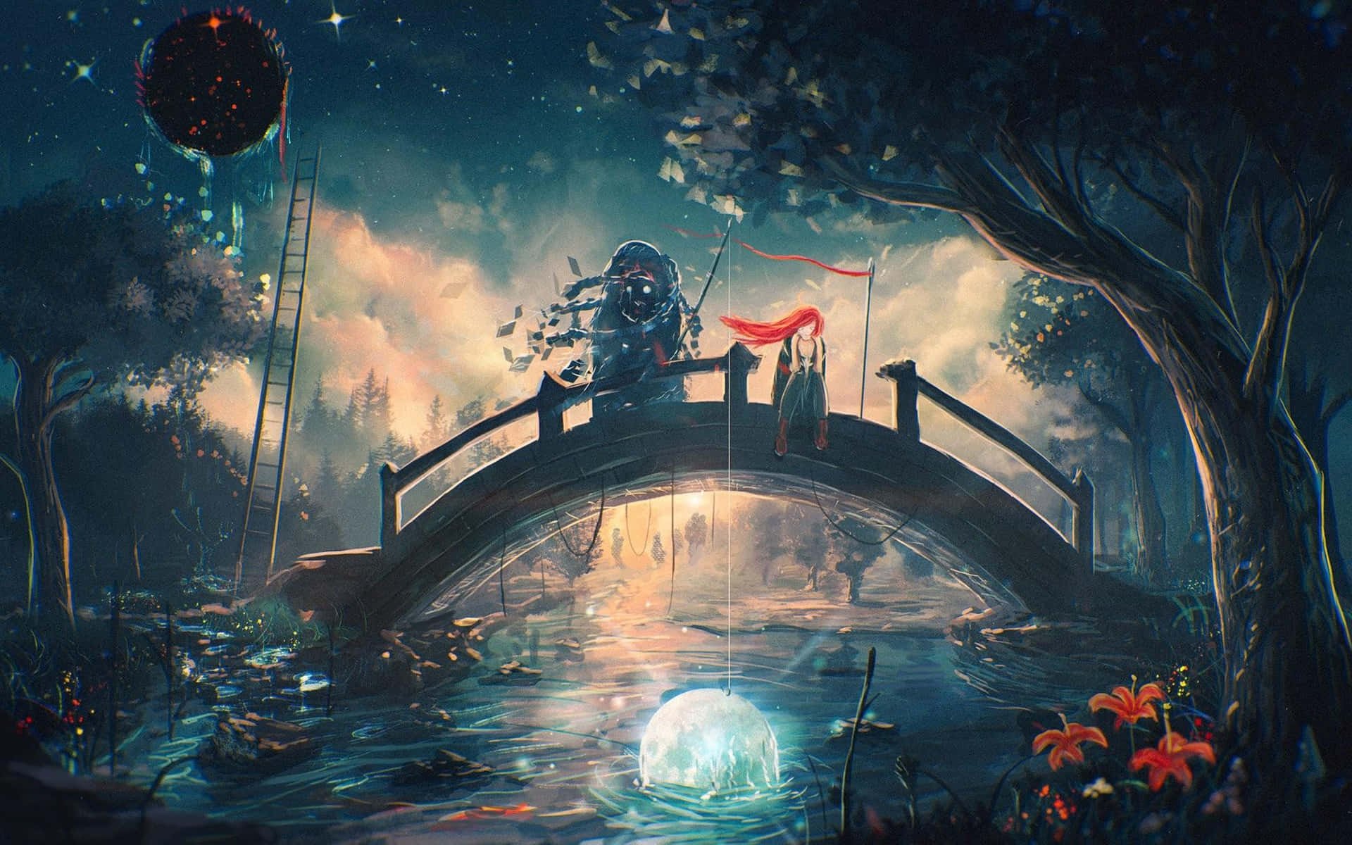 在神秘的森林夜晚，一座橋下漂浮著發光的球體，天空中有紅色球體和梯子。