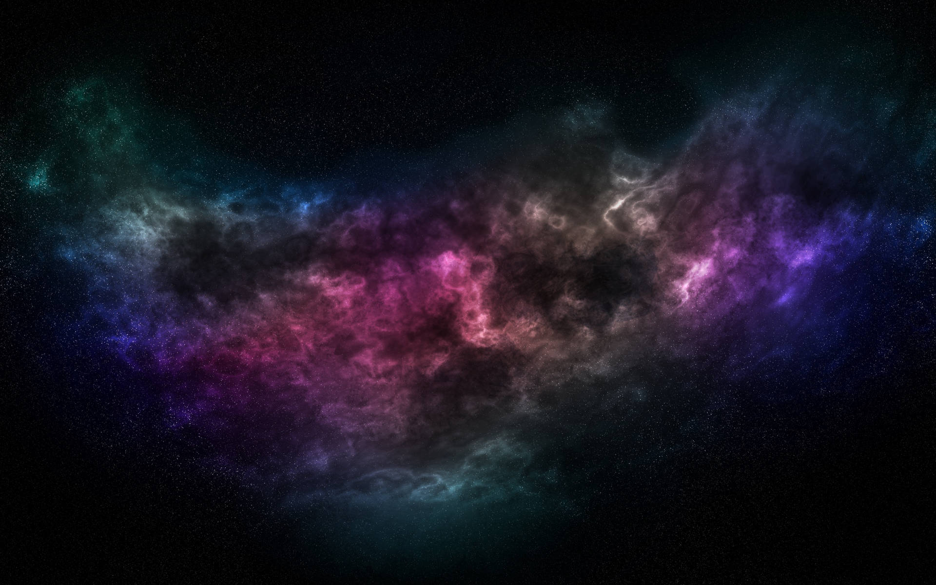 色彩繽紛的宇宙星雲，在深空中旋轉著紫色、粉紅色和藍綠色的雲層。
